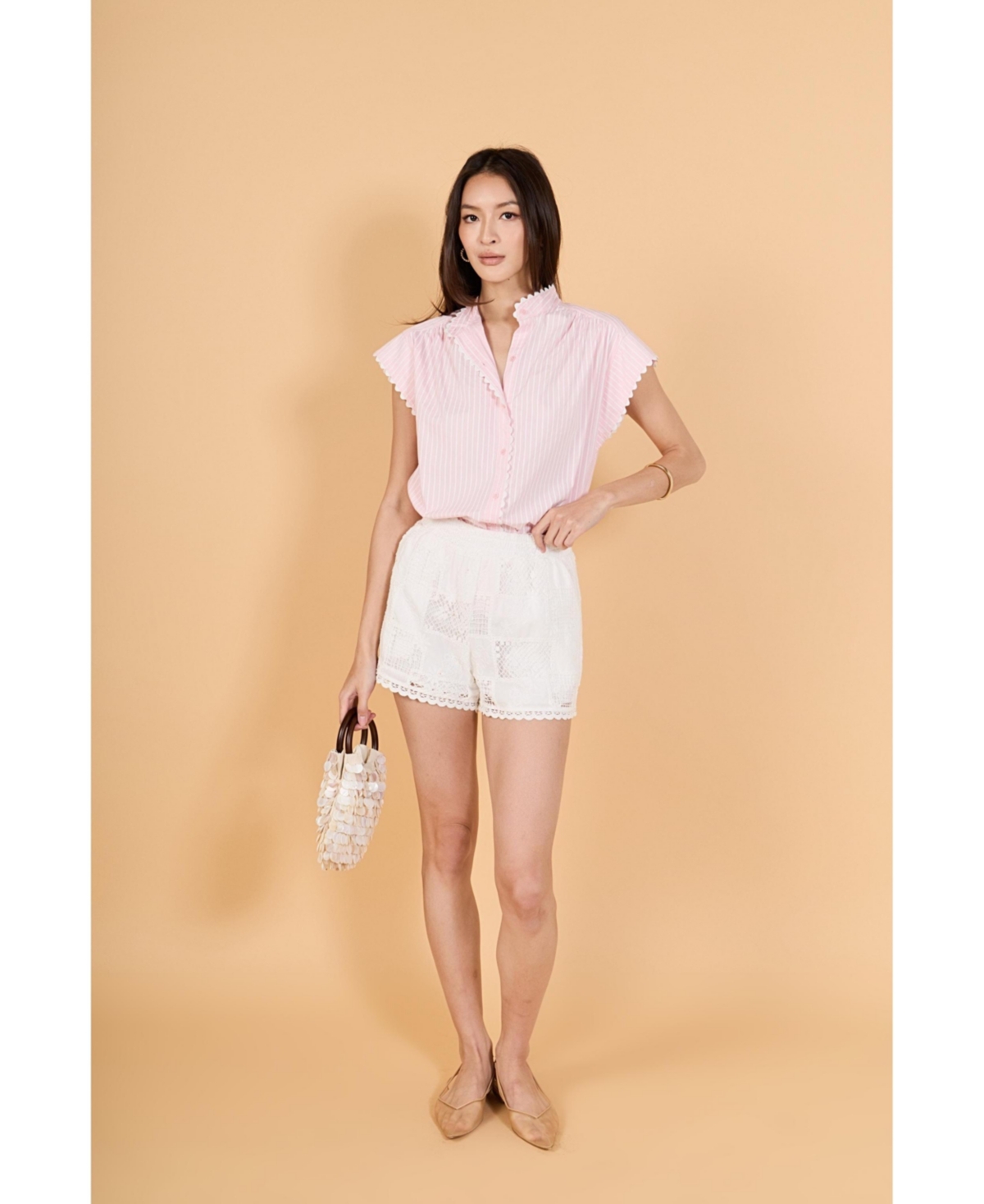 English Factory Women's Striped Ric Rac Detailed Short Sleeve Shirt