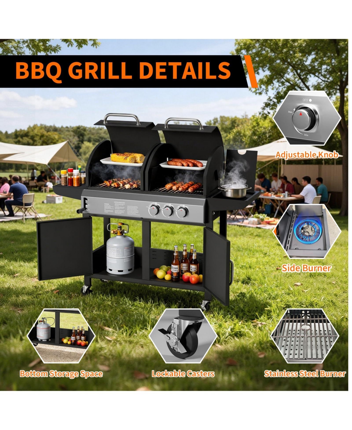 Xo 24000 Btu Propane + Charcoal Dual Fuel Grill Combo with Side Burner, for Backyard Patio, Outdoor Bbq