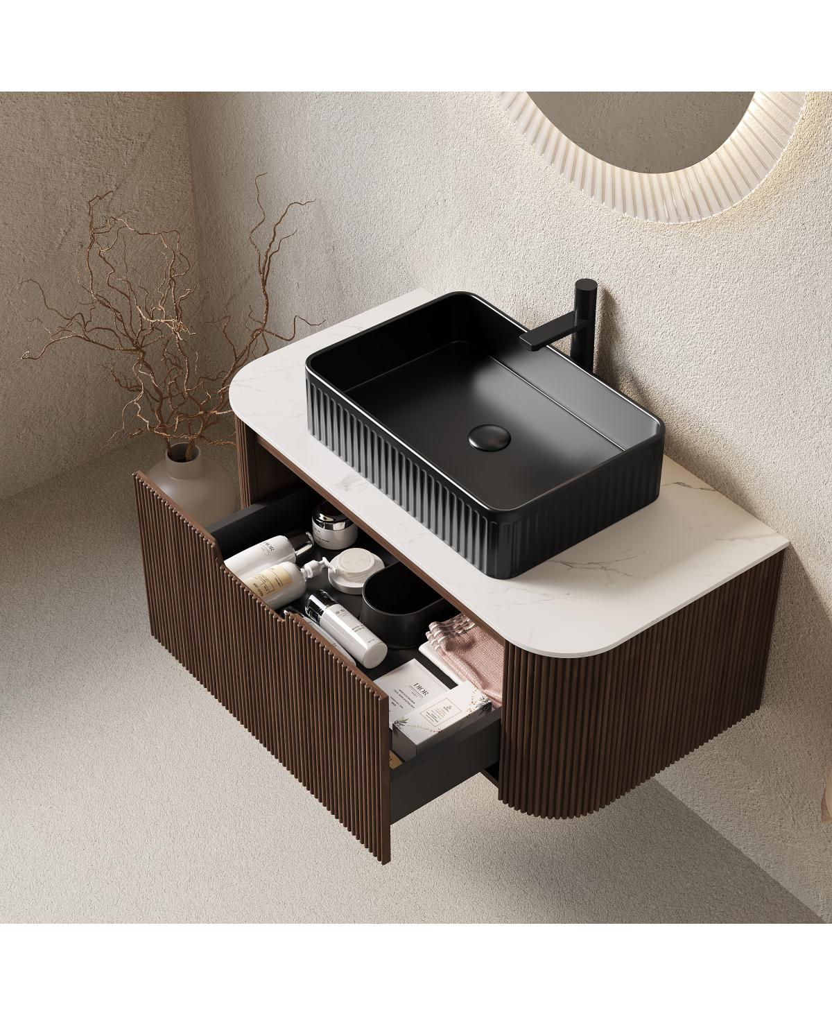Sillysis Wall Mounted Bathroom Vanity with Ceramic Sink,Plywood Cabinet, Soft Close Drawer