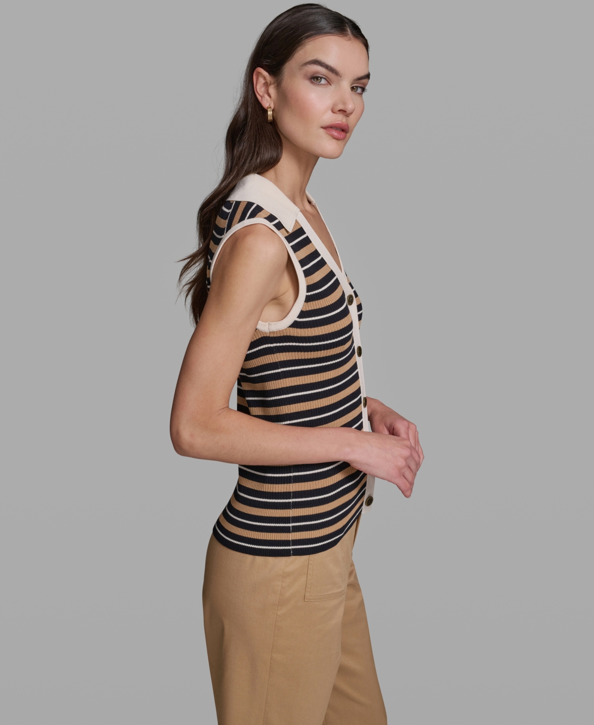 Karl Lagerfeld Paris Women's Striped Collared Tank Top