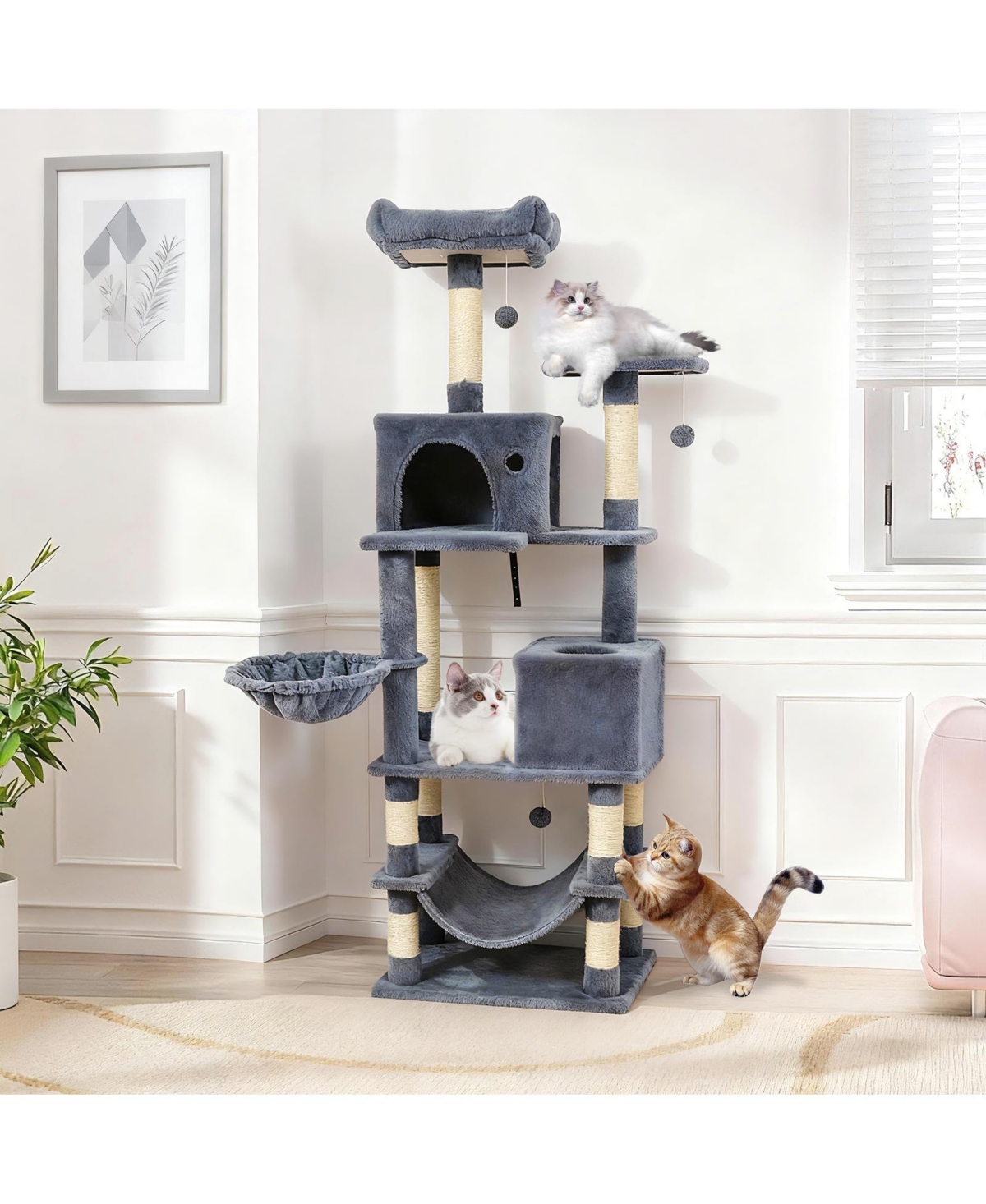 Gymax 66'' Tall Cat Tree With 2 Condos Sisal Scratching Posts Plush Perch Hammock Basket