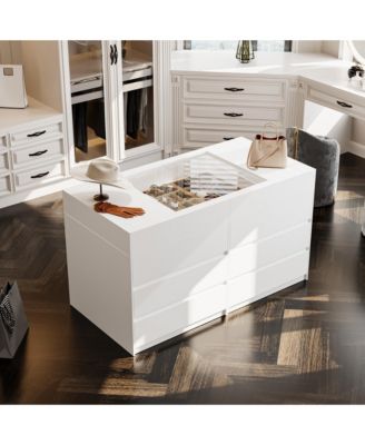 Modern 63 Inch 12-Drawer Bedroom Island - Tempered Glass Top | Engineered Wood | Smooth Glide Drawers