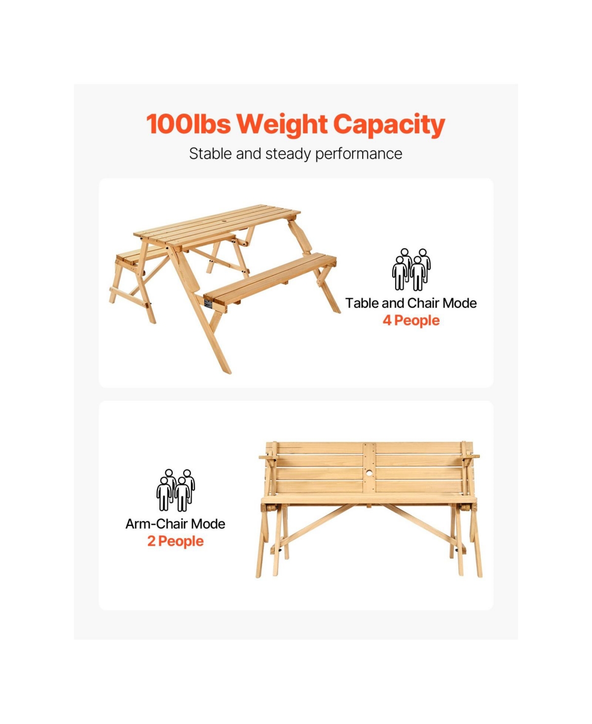 Cozito Transforming Picnic Table and Bench Set with Umbrella Hole