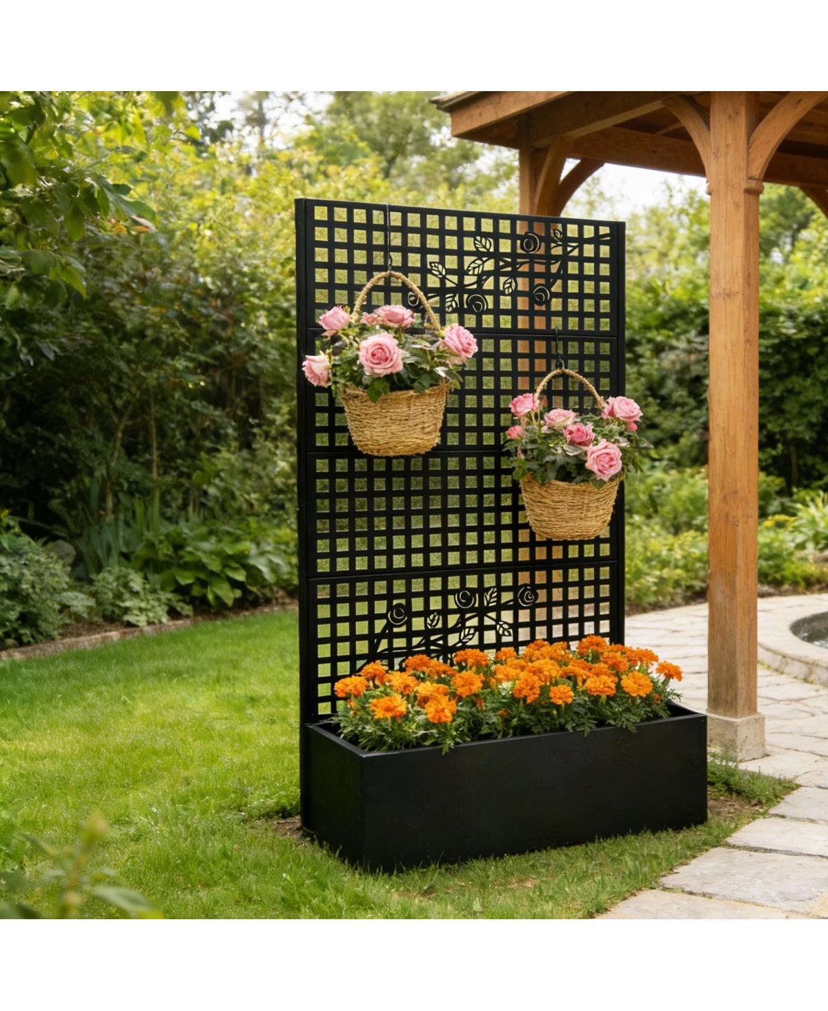 Asagikoiai 70.9" Outdoor Metal Planter Box with Trellis Lattice, Raised Garden Bed for Patio