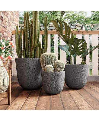 MGO Outdoor Planter Set with Drainage, Crackle Stone Pots for Garden and Patio