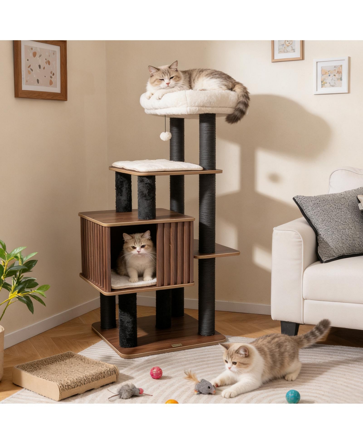 Gymax 53 5'' Tall Cat Tree for Indoor Cat Wooden Cat Tower Top Perch with Soft Padding