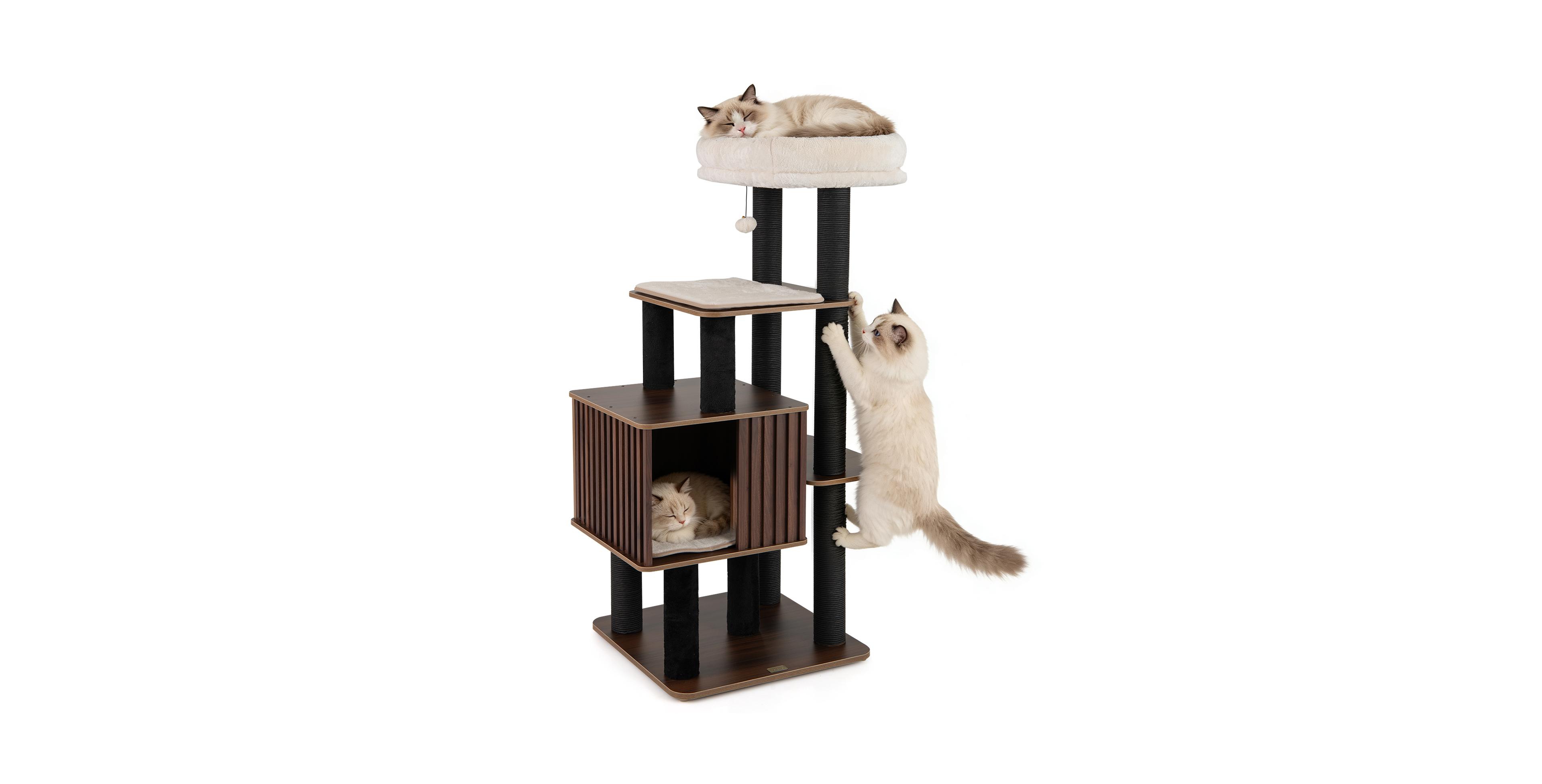 Gymax 53 5'' Tall Cat Tree for Indoor Cat Wooden Cat Tower Top Perch with Soft Padding