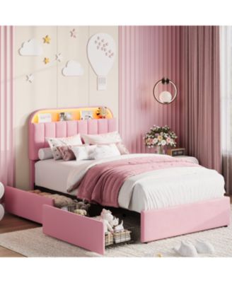 Bed Frame with Storage Headboard and 2 Drawers, Velvet Upholstered Platform Bed Frame with Lights, No Box Spring Needed, Easy Assembly