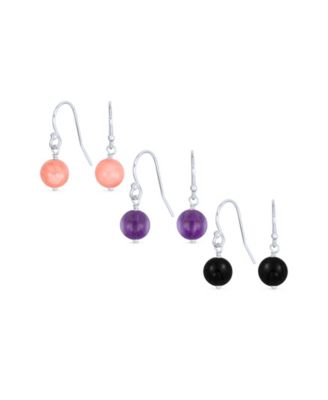 Set of 3 Drop Dangle Ball Earrings Onyx Amethyst Turquoise Lapis Lazuli Malachite Beads Sterling Silver