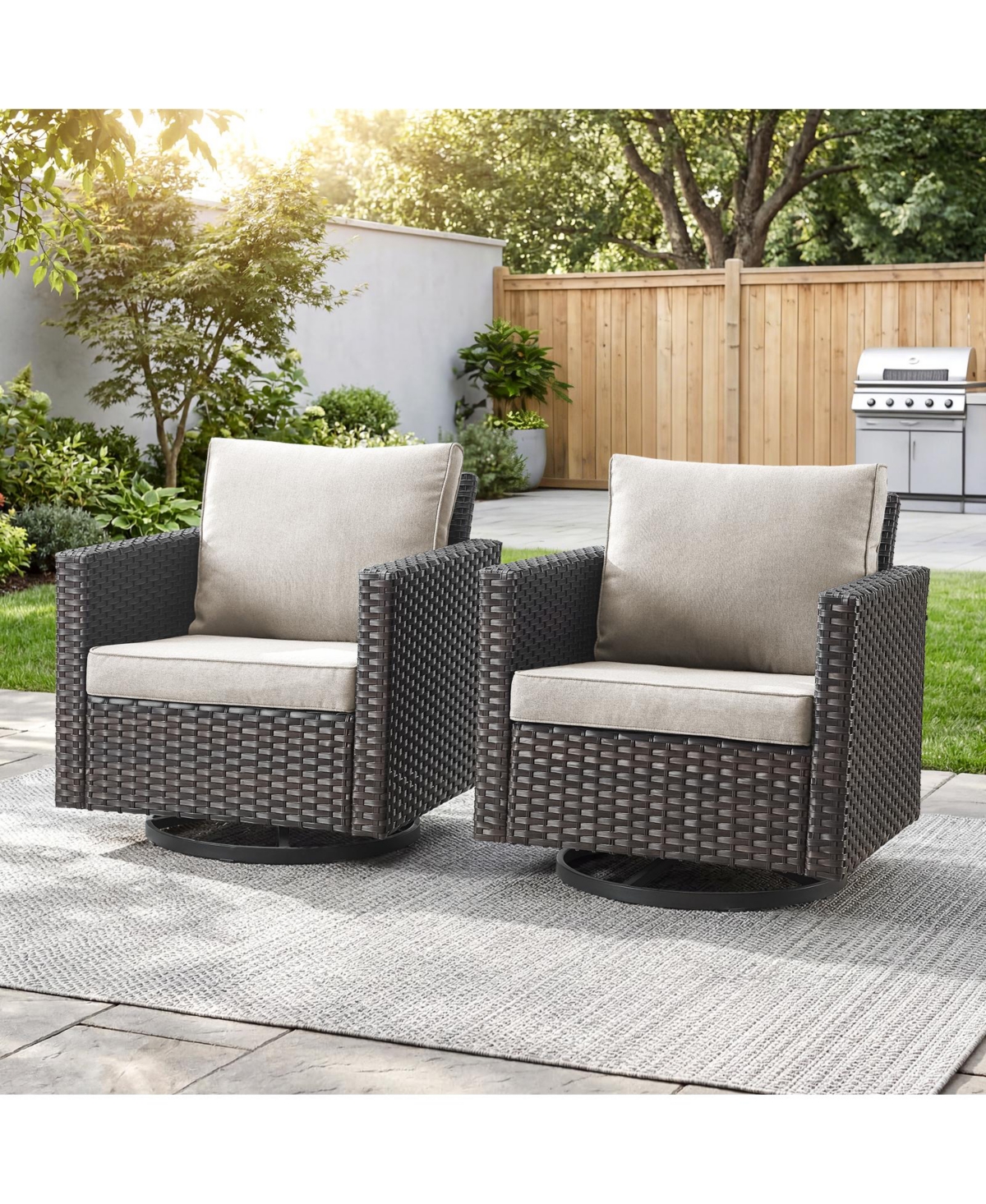 Pocassy Patio Chairs Wicker Swivel Rocker Set of 2 Heavy Duty Patio Furniture Set Wicker Outdoor Swivel Rocking Chairs - Beige cushion/brown wicker