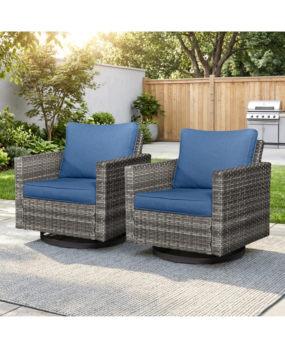 Pocassy Patio Chairs Wicker Swivel Rocker Set of 2 Heavy Duty Patio Furniture Set Wicker Outdoor Swivel Rocking Chairs - Blue cushion / grey wicker