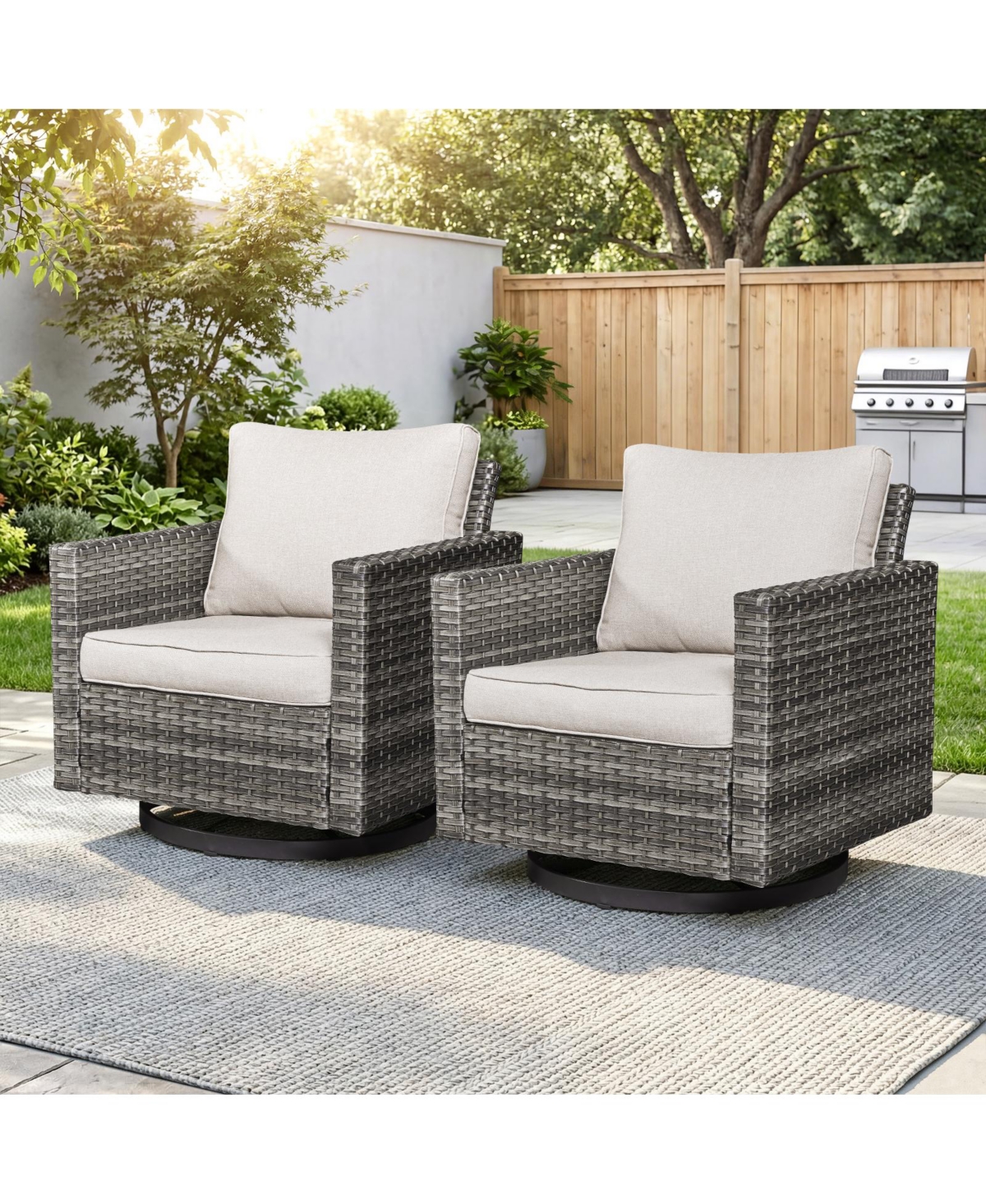 Pocassy Patio Chairs Wicker Swivel Rocker Set of 2 Heavy Duty Patio Furniture Set Wicker Outdoor Swivel Rocking Chairs - Beige cushion / grey wicker