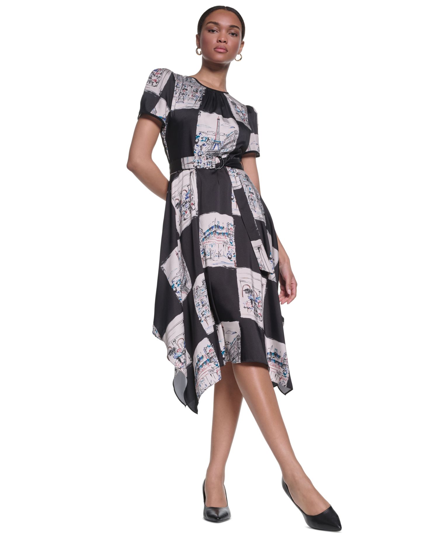 Women's Scarf-Print Handkerchief-Hem Midi Dress