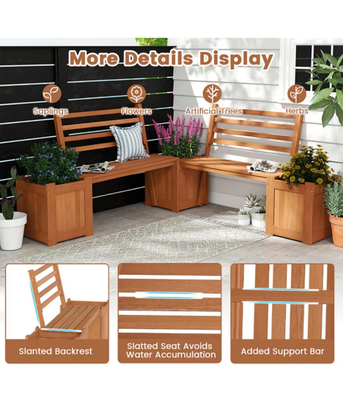 Yiortwo Outdoor Wooden Planter Bench with 2 Planter Boxes and Slatted Backrest
