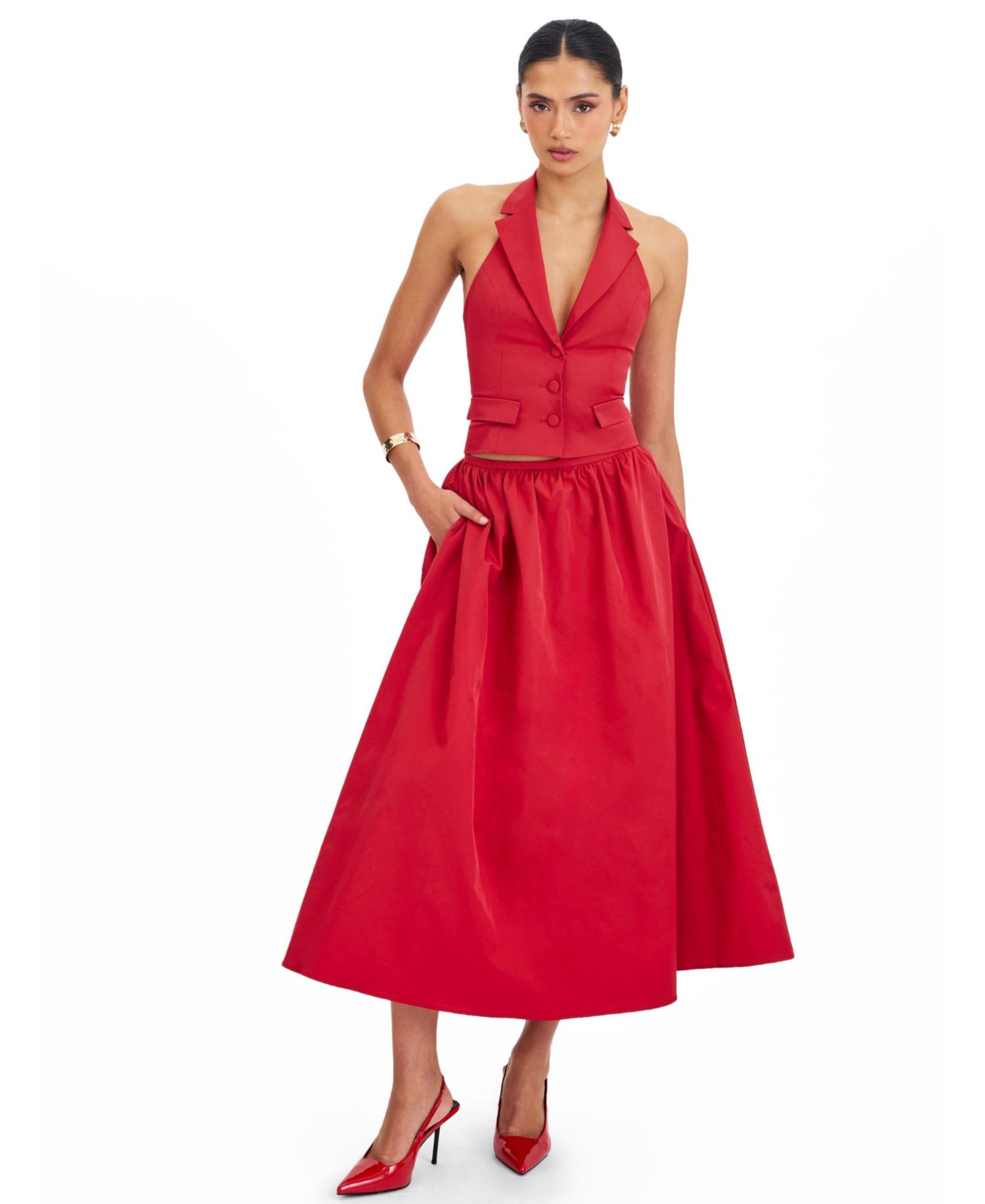 Women's Ursel Crimson Gathered A-Line Midi Skirt