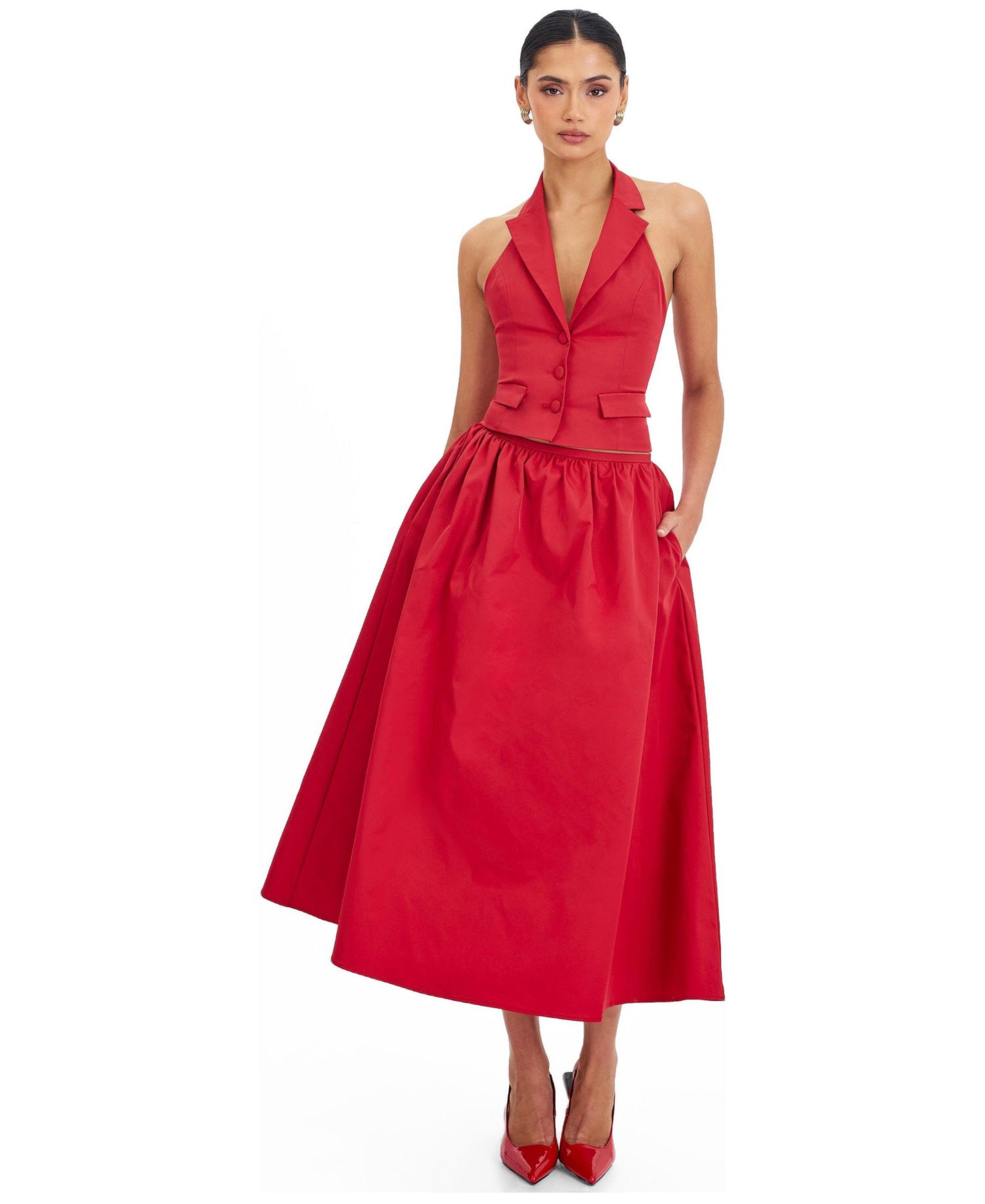 Women's Ursella Crimson Halter Single-Breasted Lapel Top