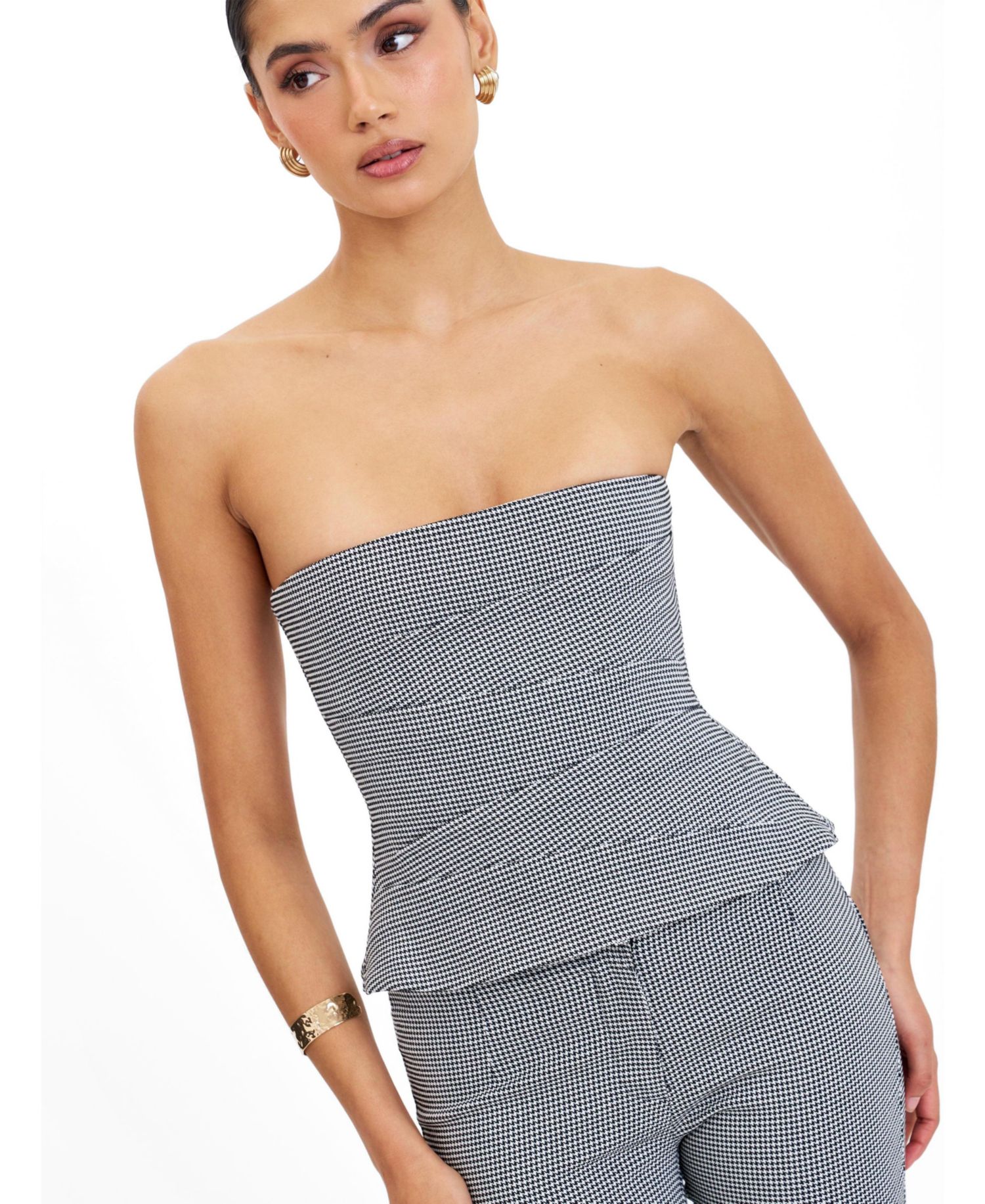 Women's Ulla Micro-Houndstooth Strapless Peplum Top