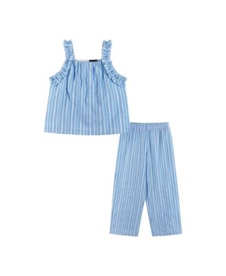 Girls Stripe Woven Ruffle Straps Top and Pant Set