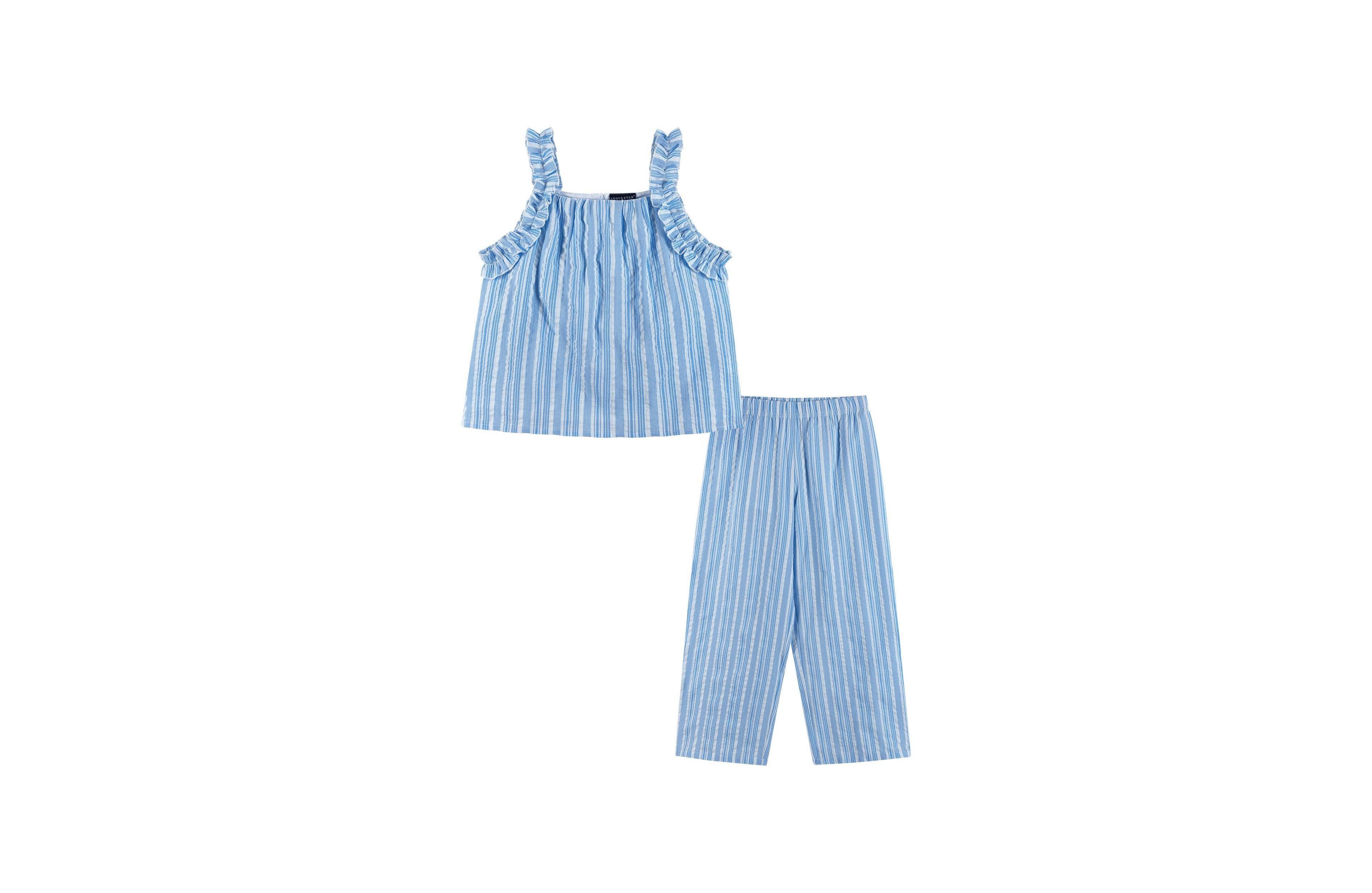 Andy & Evan Girls Stripe Woven Ruffle Straps Top and Pant Set