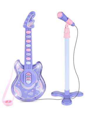 19in Kids Flash Guitar, Pretend Play Musical Instrument Toy for Toddlers w/ Mic, Stand
