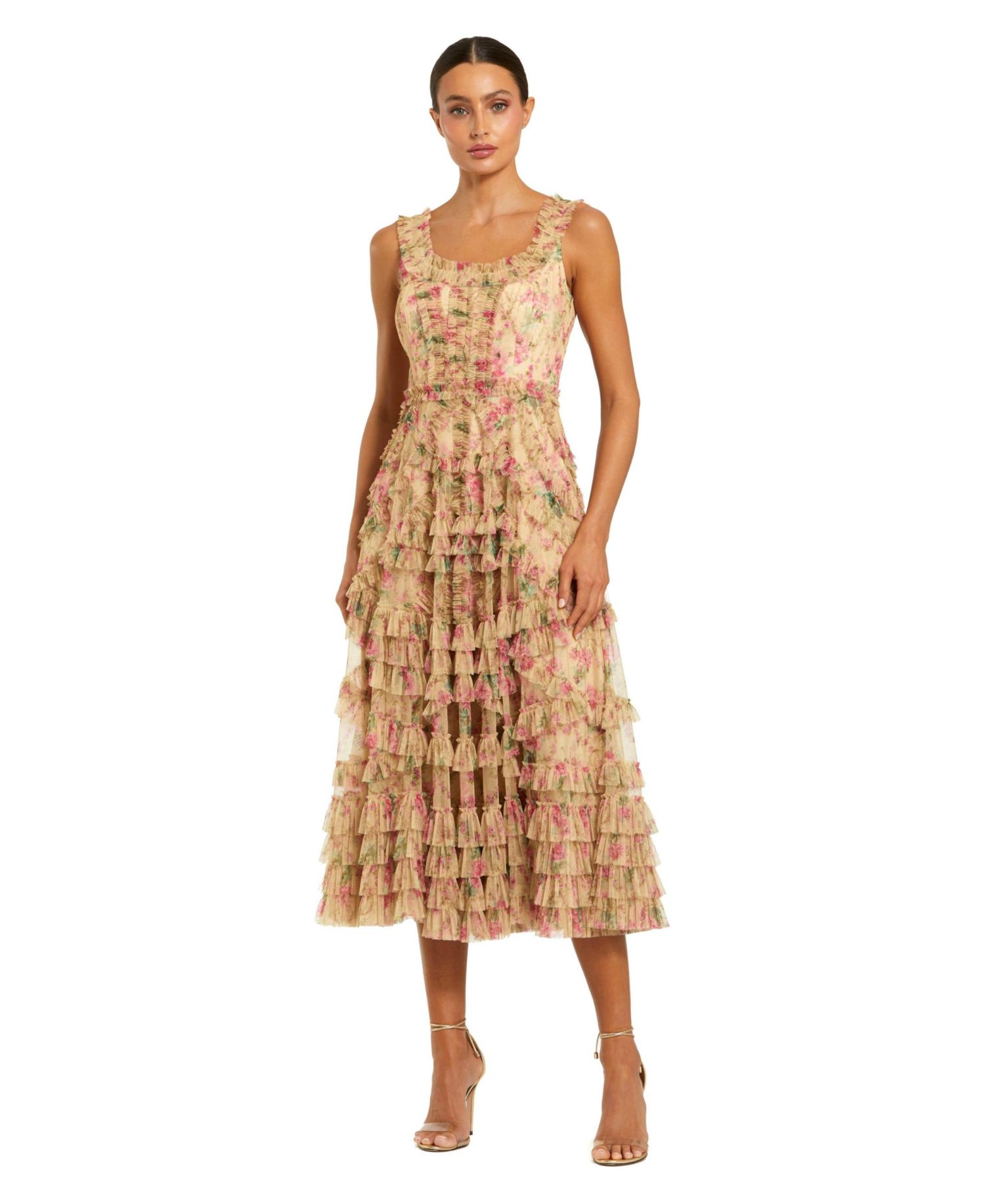 Women's Floral Printed Sleeveless Ruffle Midi Dress