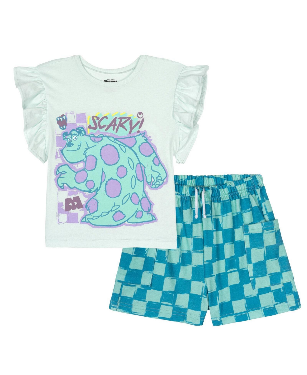 Monsters Inc. Toddler Girls Ruffle Short Sleeve Tee and French Terry Pocket Shorts Outfit