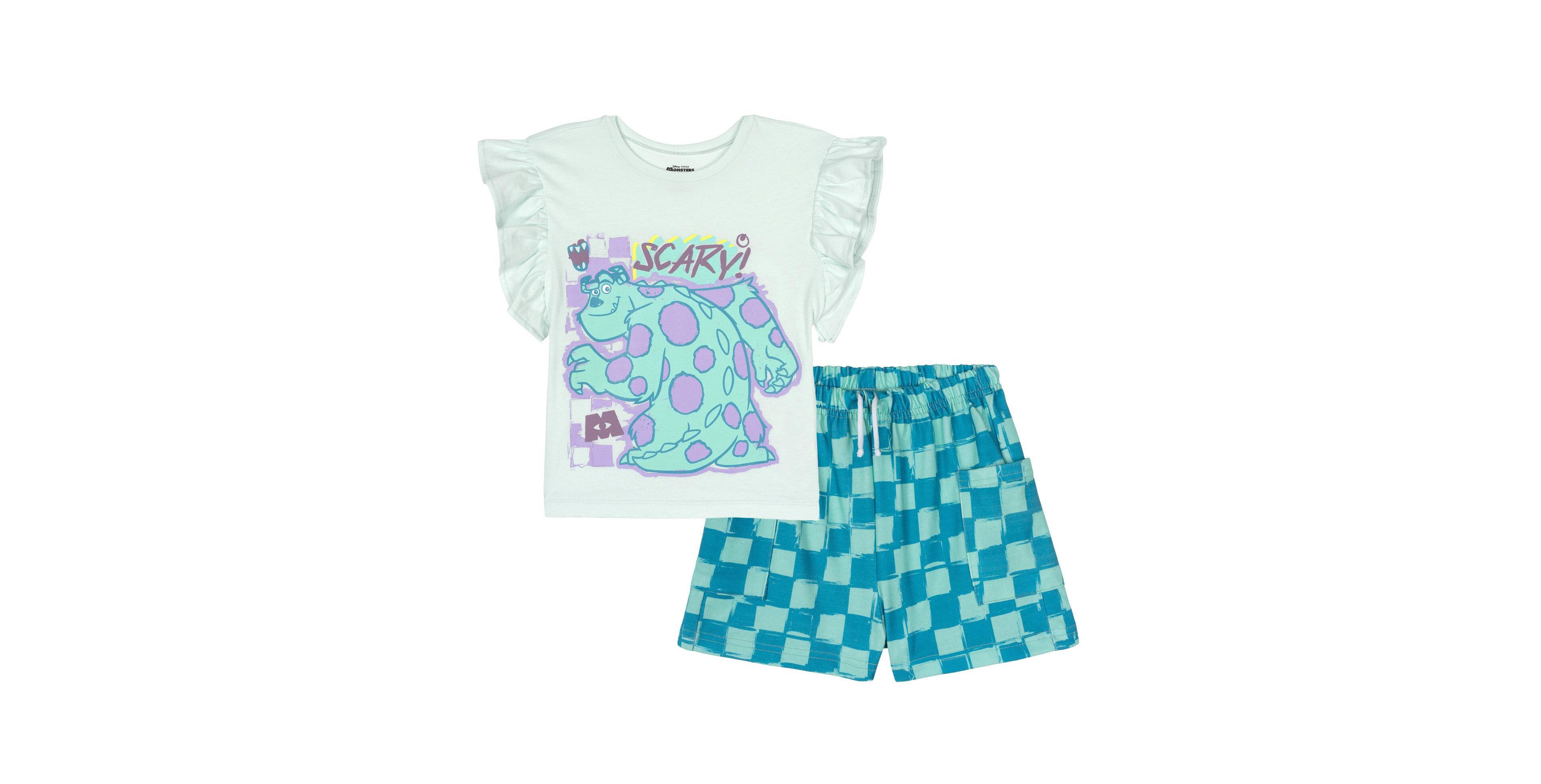 Monsters Inc. Toddler Girls Ruffle Short Sleeve Tee and French Terry Pocket Shorts Outfit