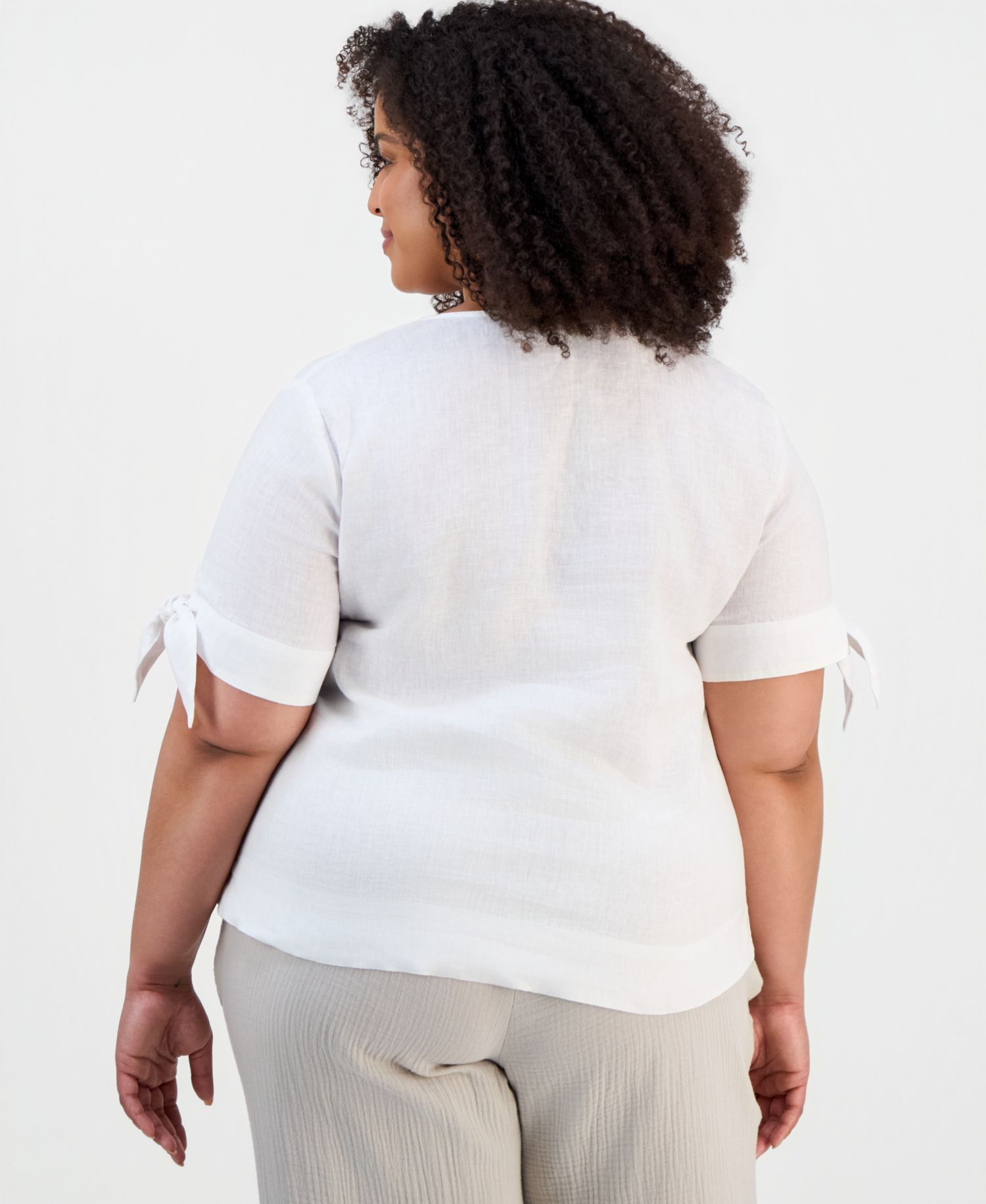 Plus Size 100% Linen Split-Neck Tie-Cuff Top