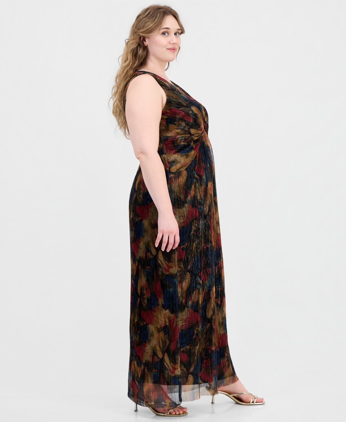 Connected Plus Metallic-Print Twist-Front Sleeveless Dress