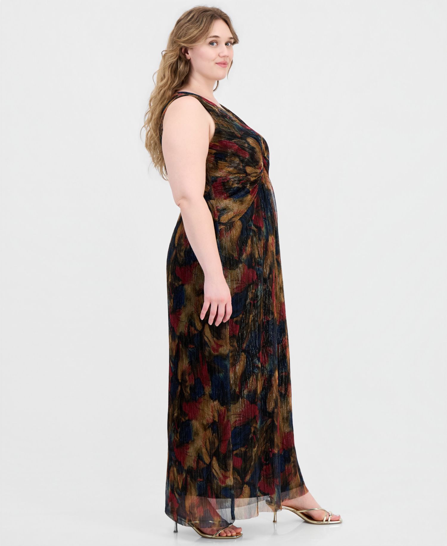 Plus Size Metallic-Print Twist-Front Sleeveless Dress
