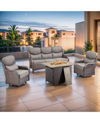 6-Piece Patio Set with High Back Swivel Chairs, 6 Cushions, Fire Pit Table, and Ottomans