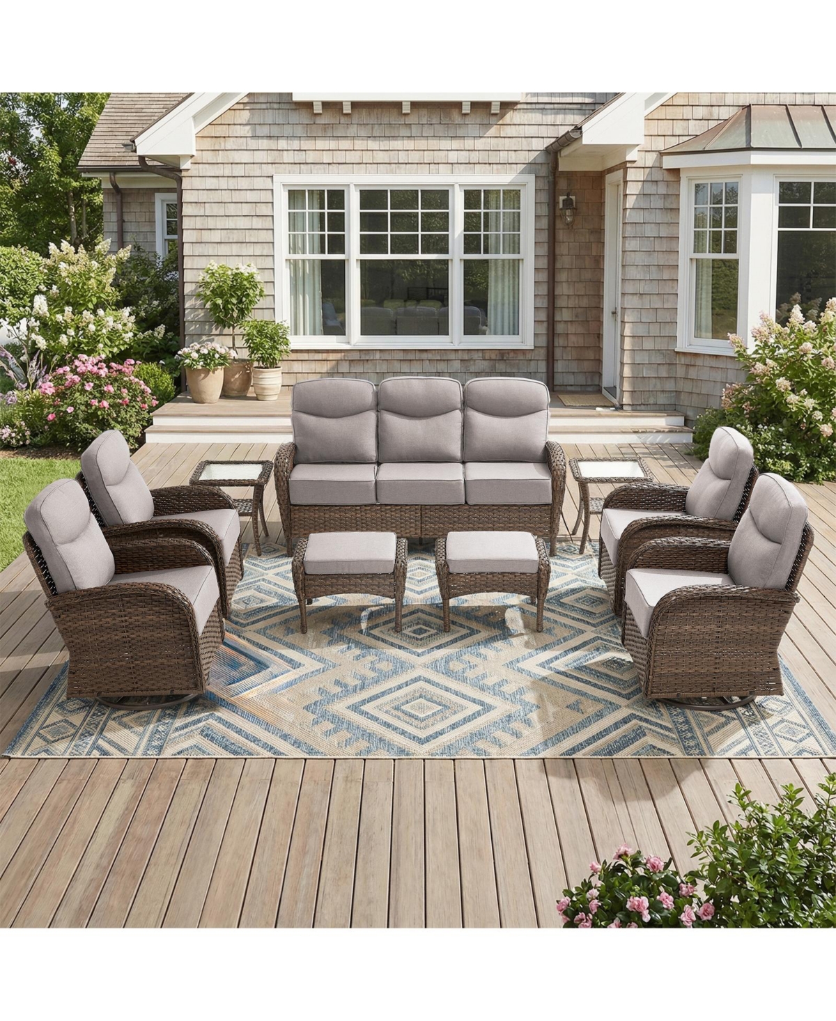 Pocassy Outdoor Patio Furniture Set-9 Pieces All-Weather Wicker with Swivel Chairs Conversation Sets