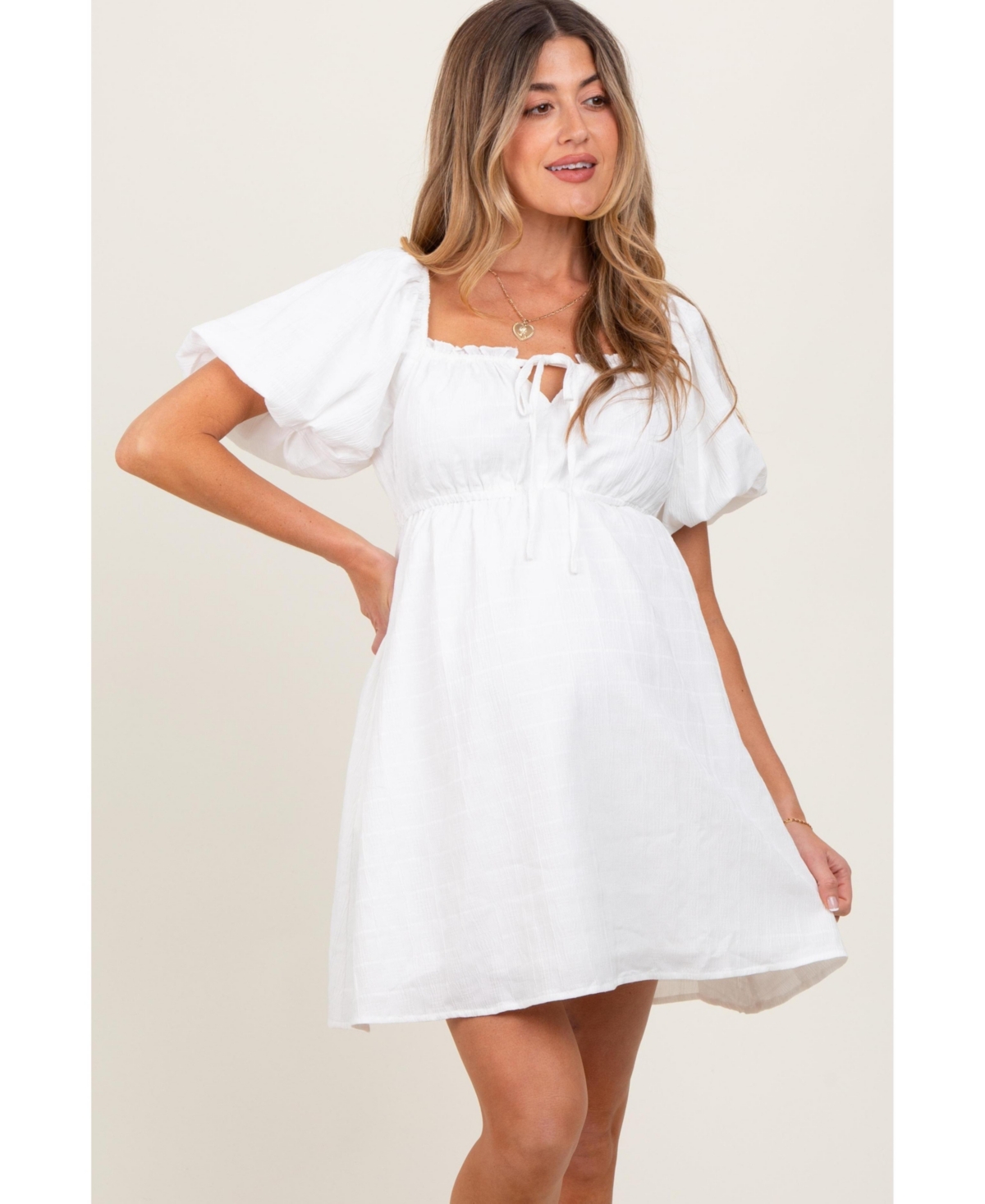 Pinkblush Maternity White Textured Bubble Sleeve Mini Dress