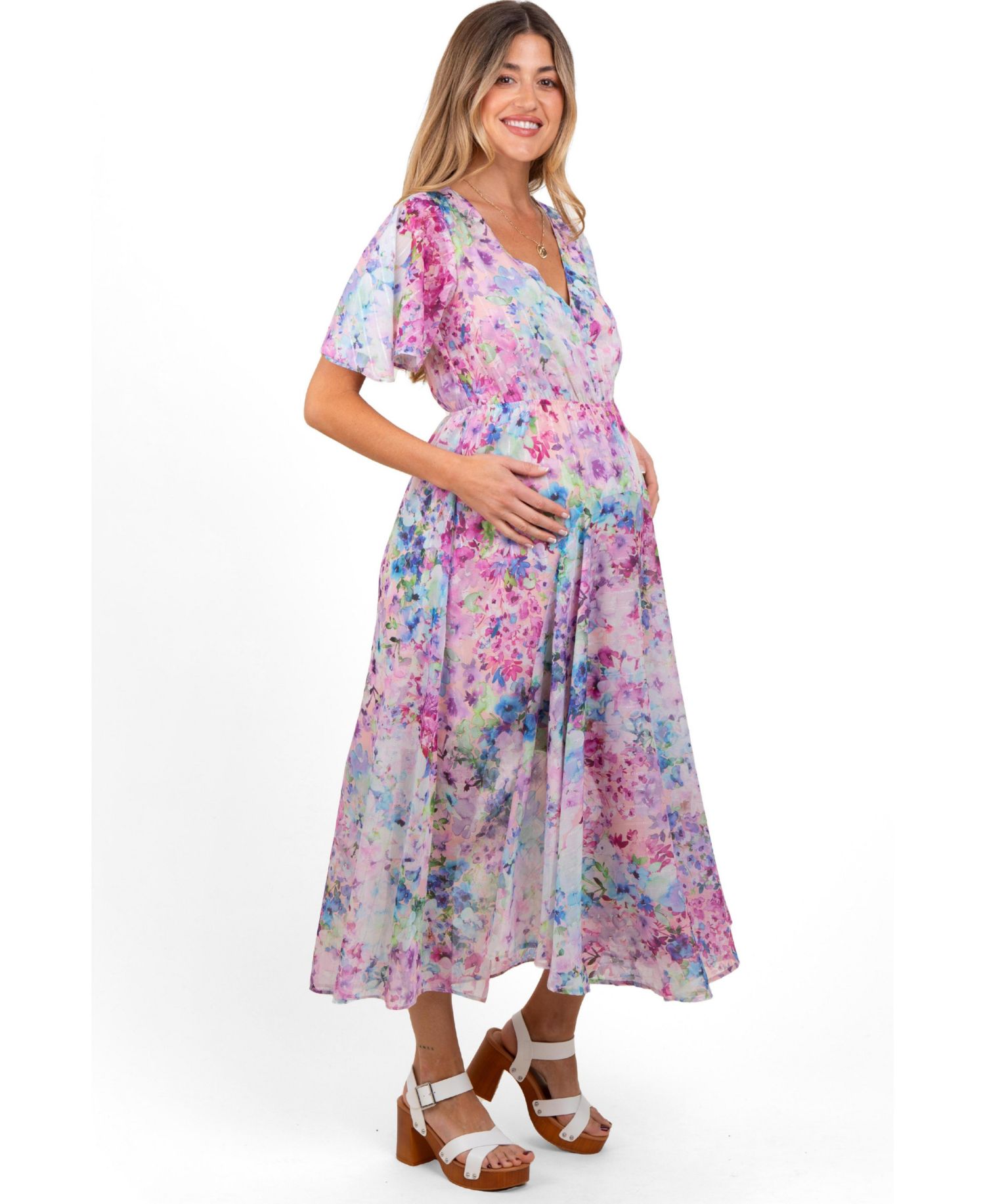 Women's Floral Flutter Sleeve Midi Dress