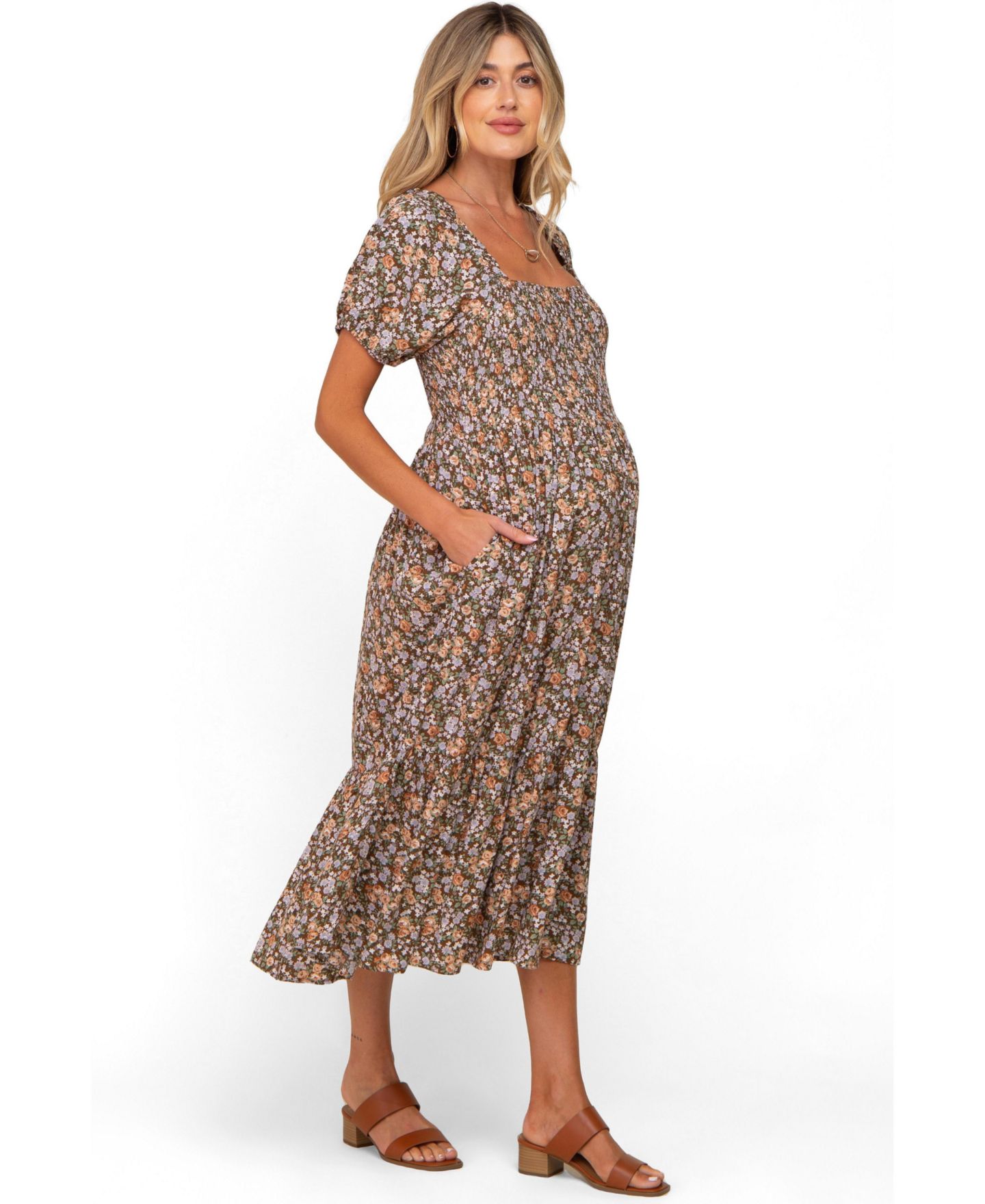 Женское платье Pinkblush Pink Floral Smocked Puff Sleeve Midi, цвет: Мокко — фото 2