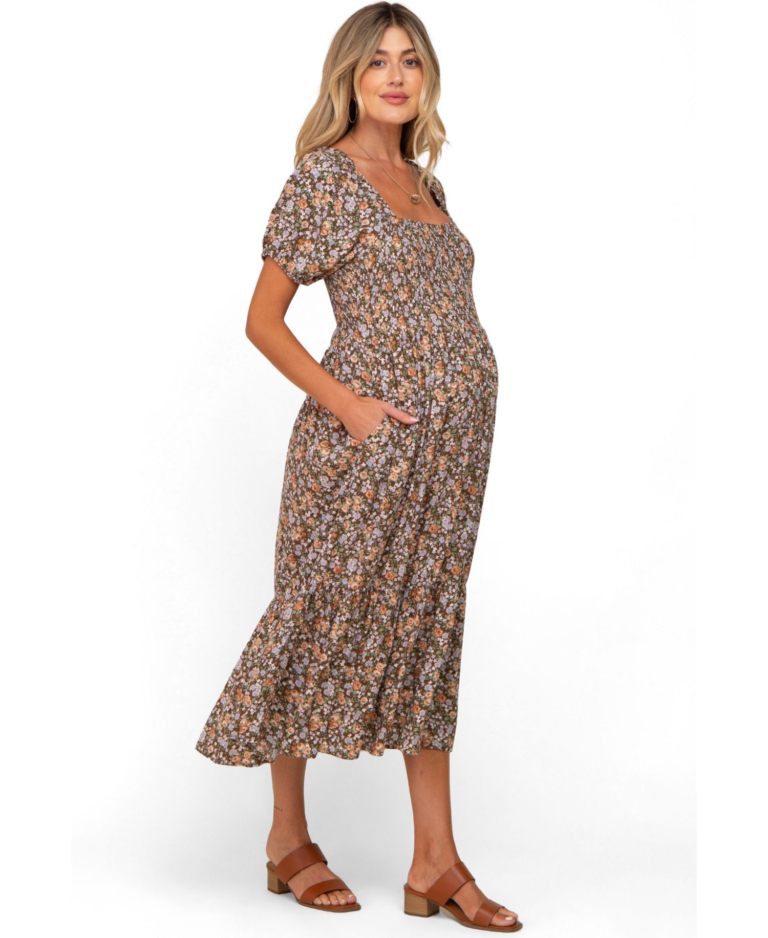 Women's Pink Floral Smocked Puff Sleeve Midi Dress