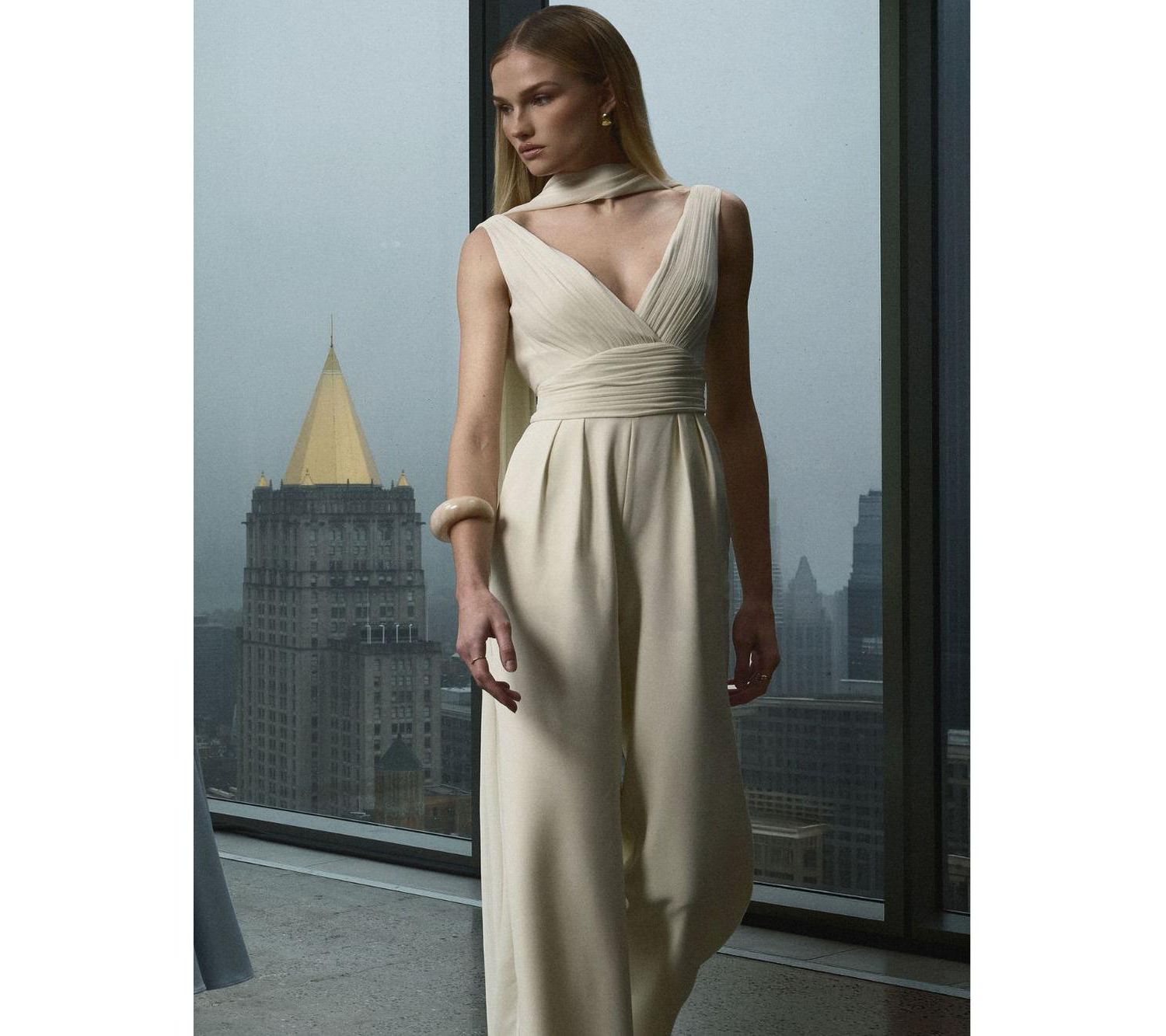 Women's Harper Ivory Ruched V-Neck Jumpsuit with Scarf