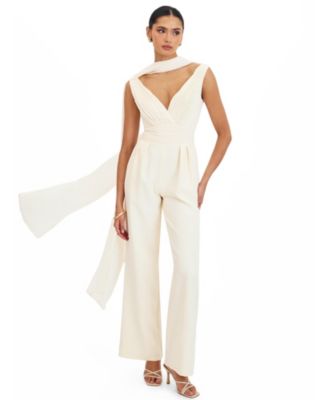 Women's Harper Ivory Ruched V-Neck Jumpsuit with Scarf
