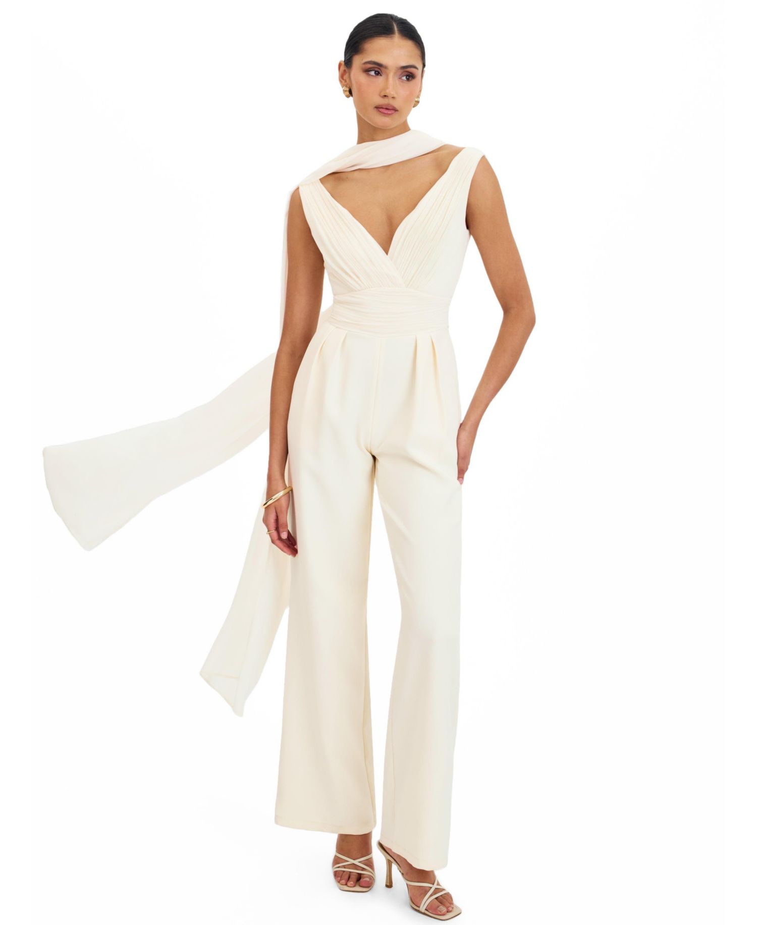 Women's Harper Ivory Ruched V-Neck Jumpsuit with Scarf