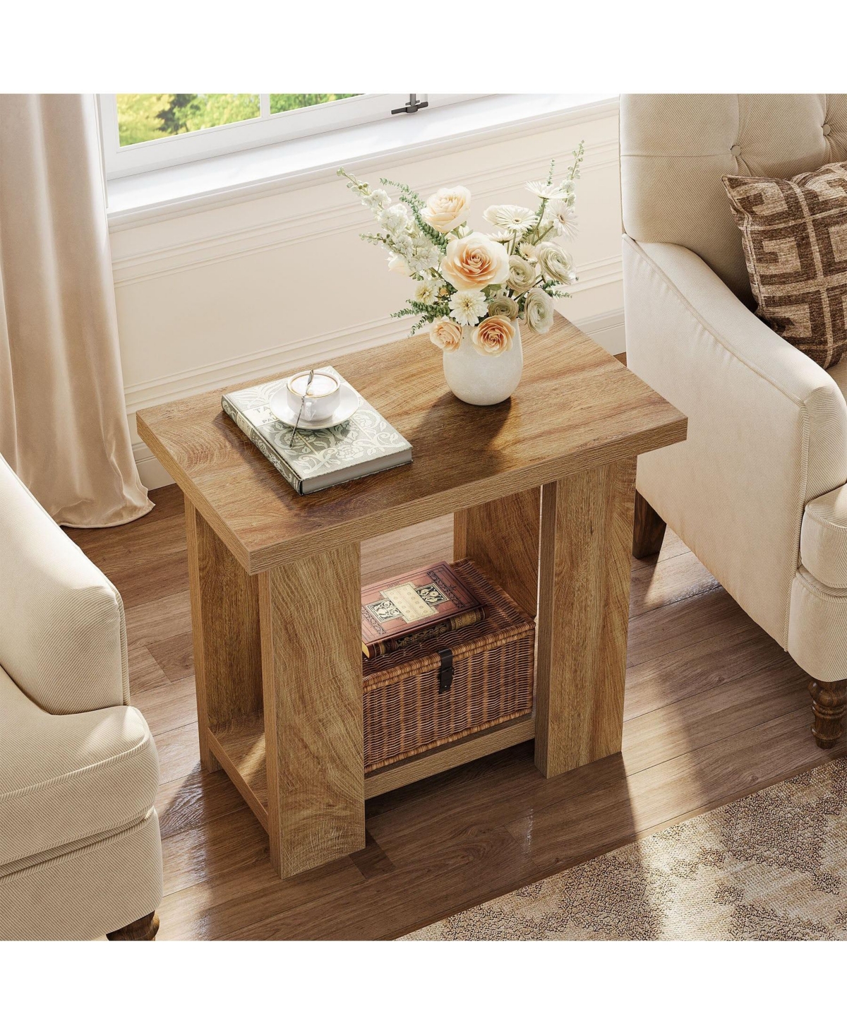Slickblue 2-Tier Farmhouse End Table with Storage Shelves