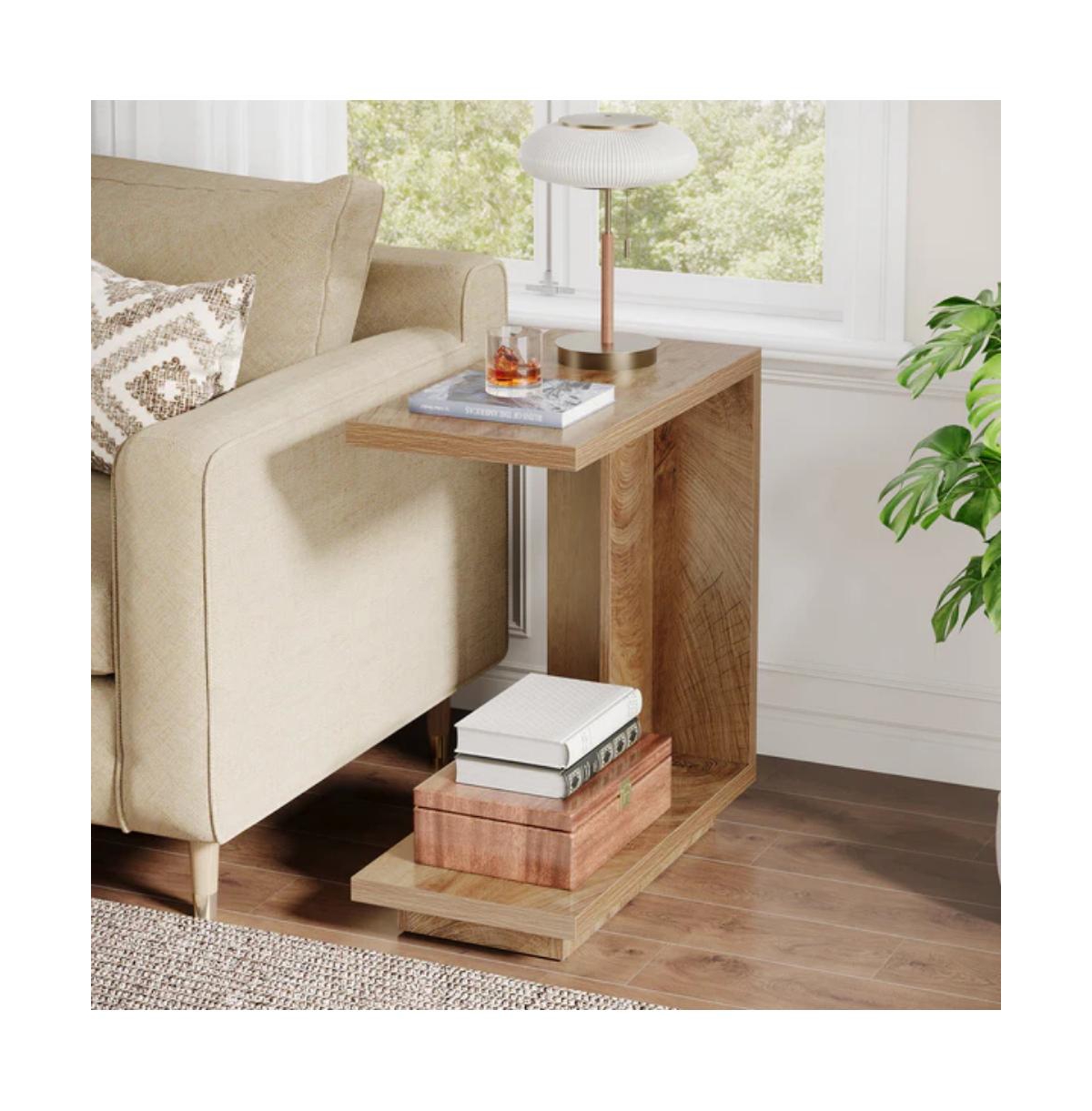 Slickblue Modern C Shaped End Table with Wooden Top for Sofa and Couch