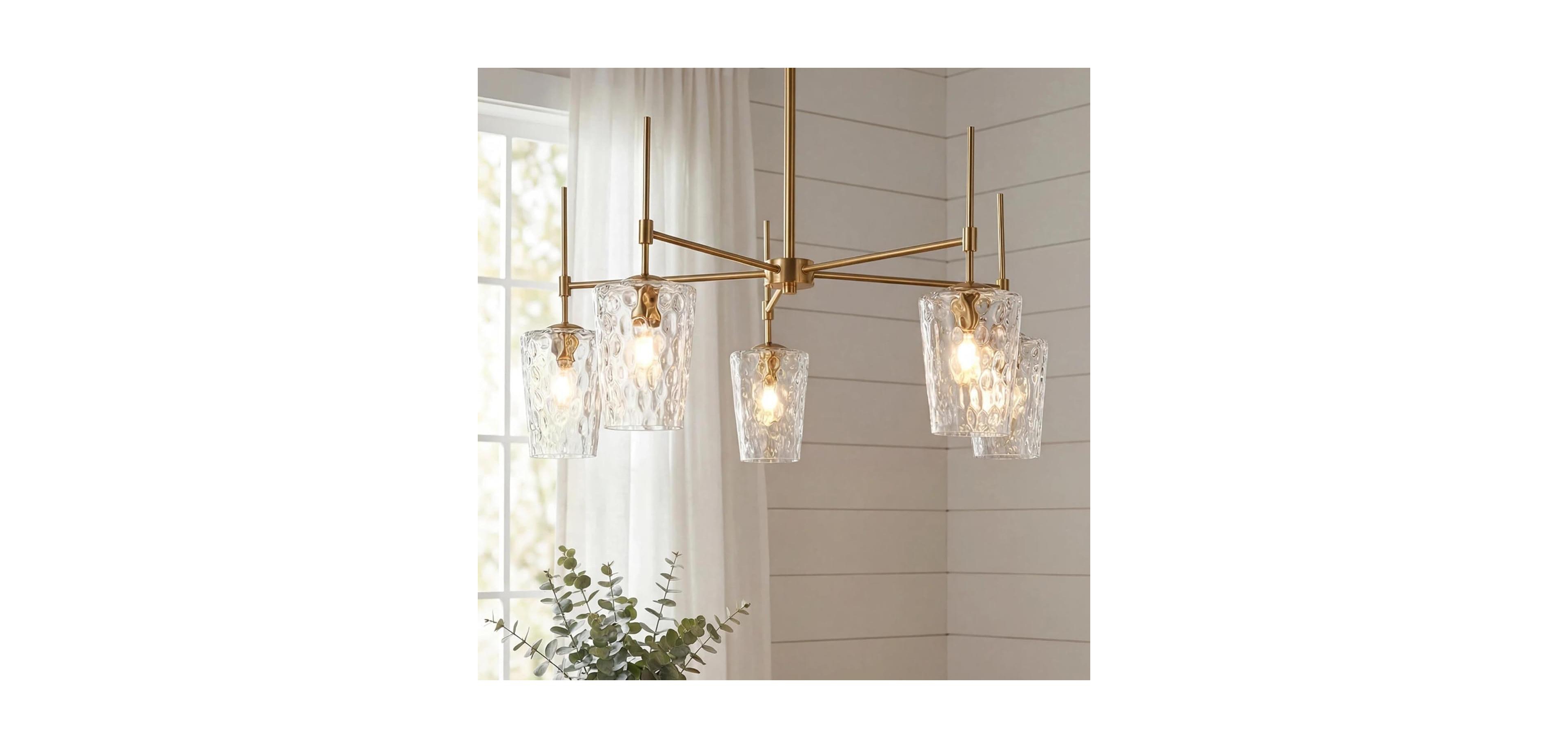 Tribesigns Modern Chandelier with Water Ripple Wine Glass Shades, 5-Light Pendant Light with Adjustable Height