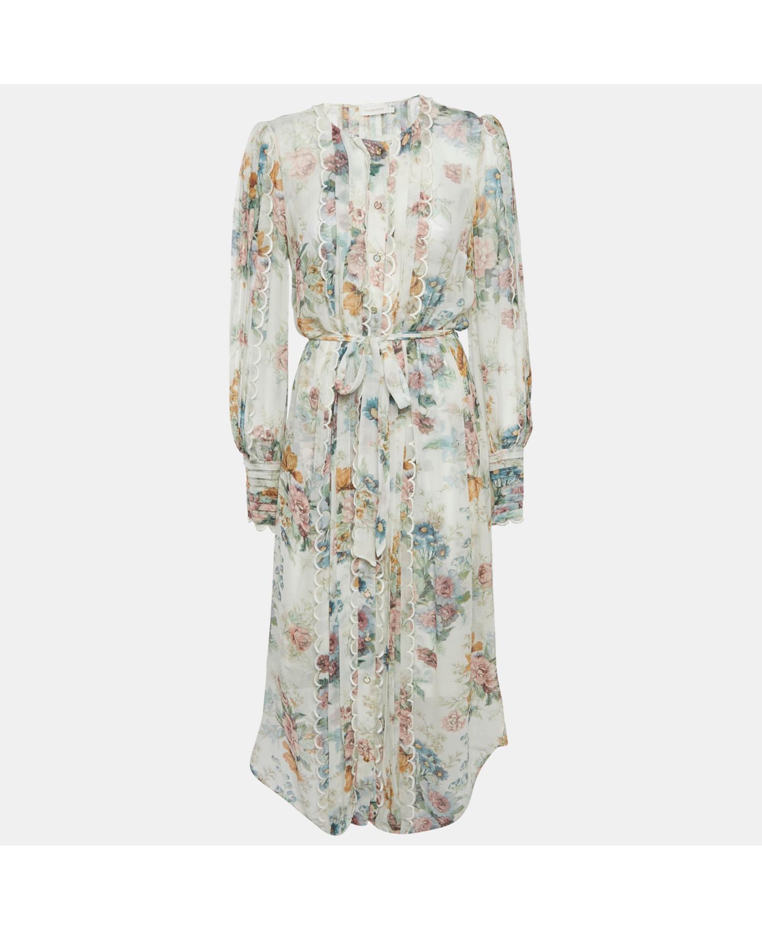 Women's Floral Print Crepe Scallop Detail Long Dress