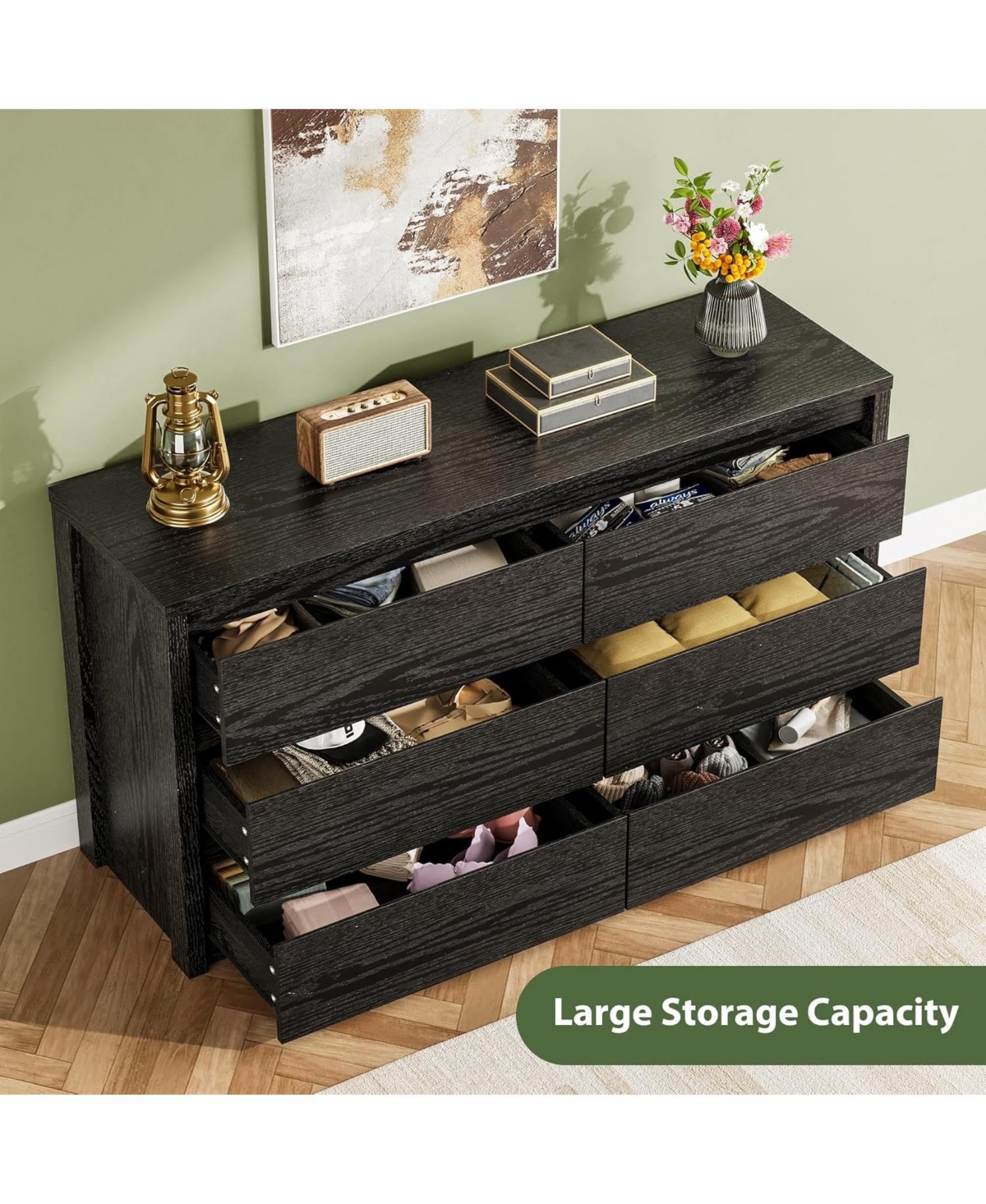 homfan Modern Handle-Free 6 Drawer Dresser for Bedroom - Wide Wooden Chest of Drawers Spacious Storage Cabinet Living Room, Hallway, Entryway