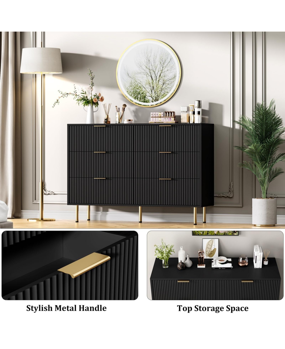 homfan Fluted Wood Dresser 6 Drawers for Bedroom, Large Modern Chest of Drawers, with Faux Marble Top and Handle