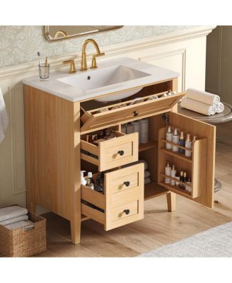 30 Inch Bathroom Vanity with Ceramic Sink, Rustic Wood Grain Cabinet, Soft Close Drawers, Adjustable Storage for Modern Bathrooms