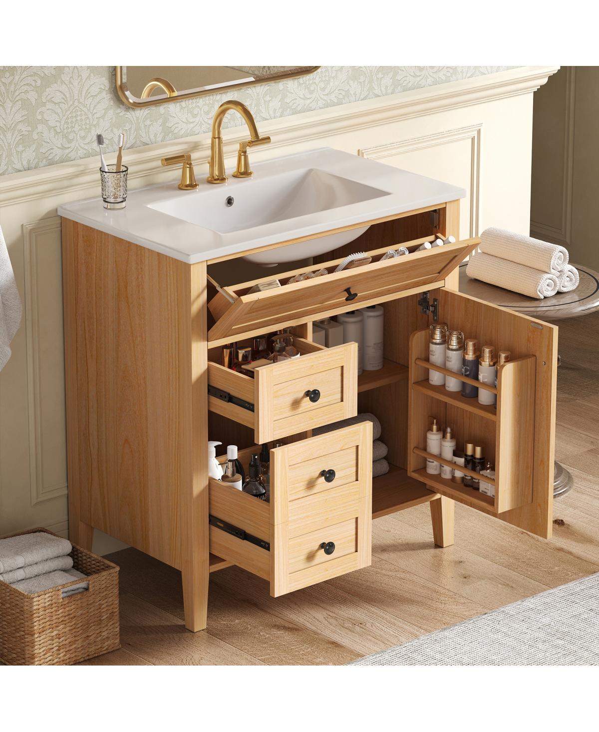 Sillysis 30 Inch Bathroom Vanity with Ceramic Sink, Rustic Wood Grain Cabinet, Soft Close Drawers, Adjustable Storage for Modern Bathrooms
