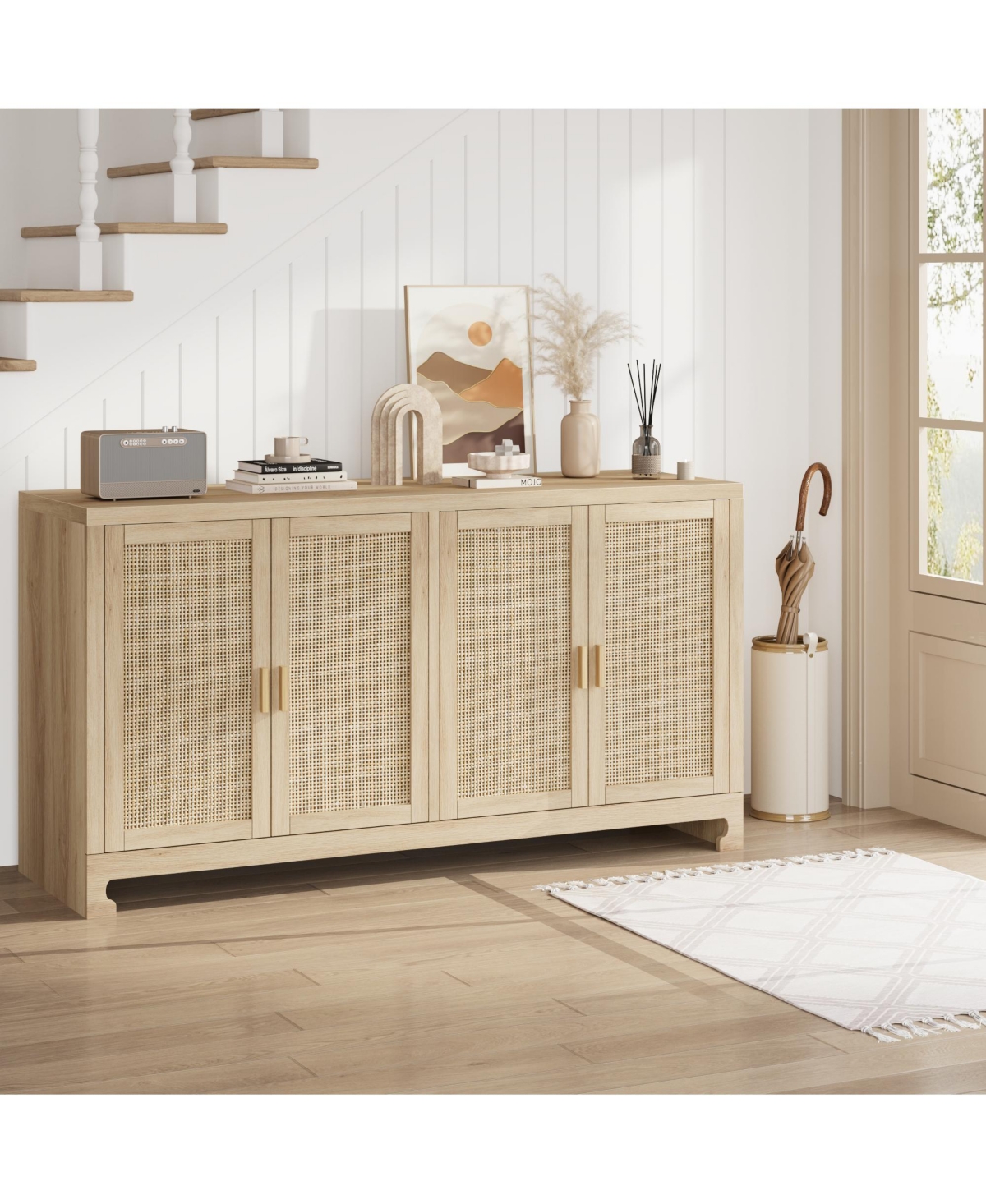 homfan Modern 4-Door Rattan Sideboard, Wooden Accent Buffet Cabinet with Ample Storage for Entryway, Living Room and Dining