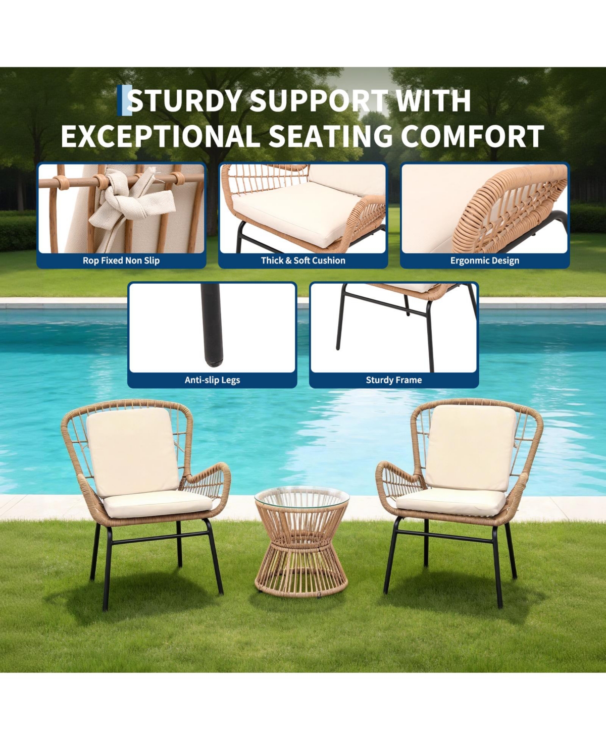 gaomon 3 Piece Outdoor Rattan Patio Bistro Set with Glass Top Table and 2 Chairs, All Weather Patio Furniture for Backyard, Poolside, Porch, Balcony