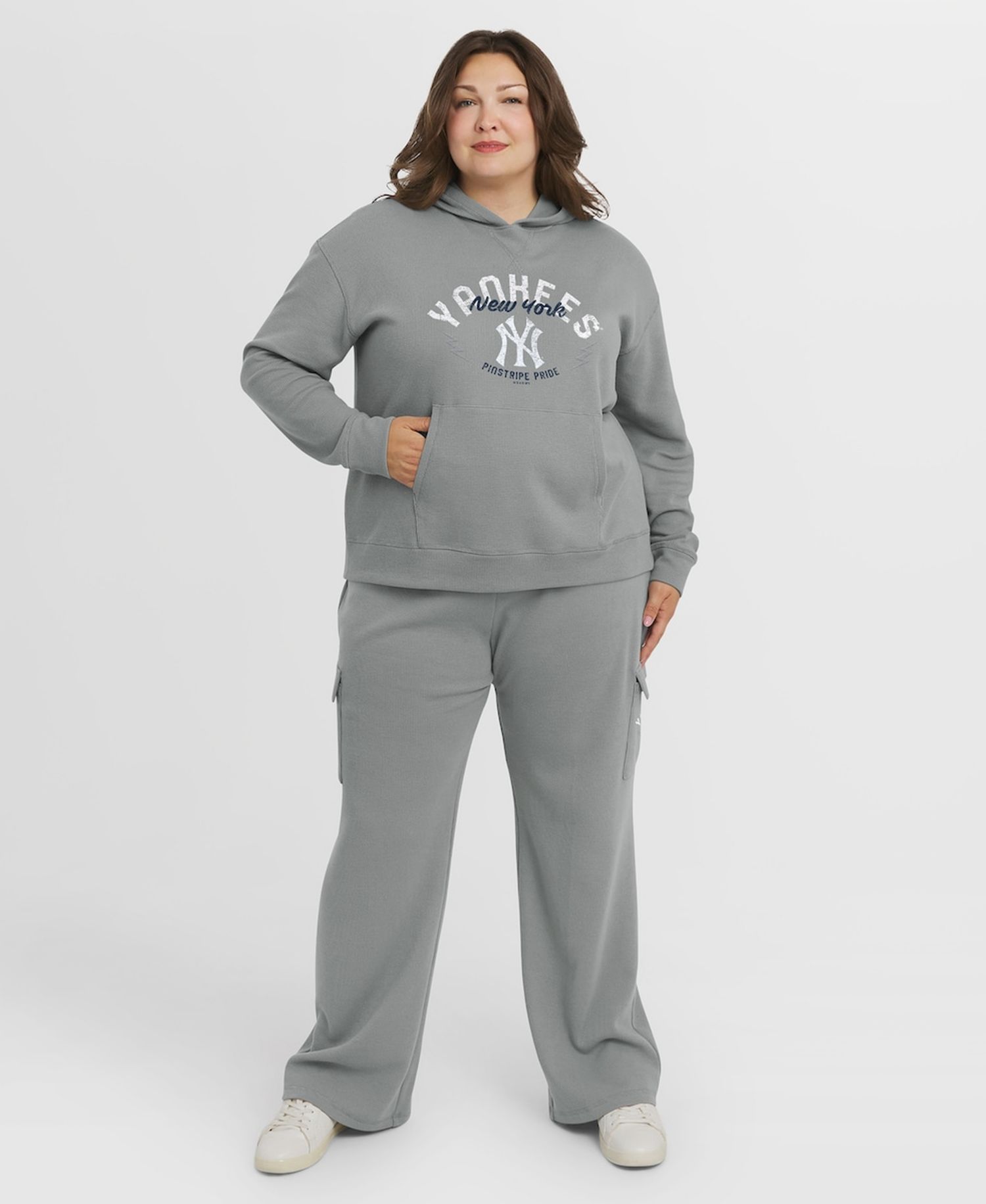 Women's Gray New York Yankees Plus Size Waffle-Knit Long-Sleeve Hoodie Lounge Pant Set